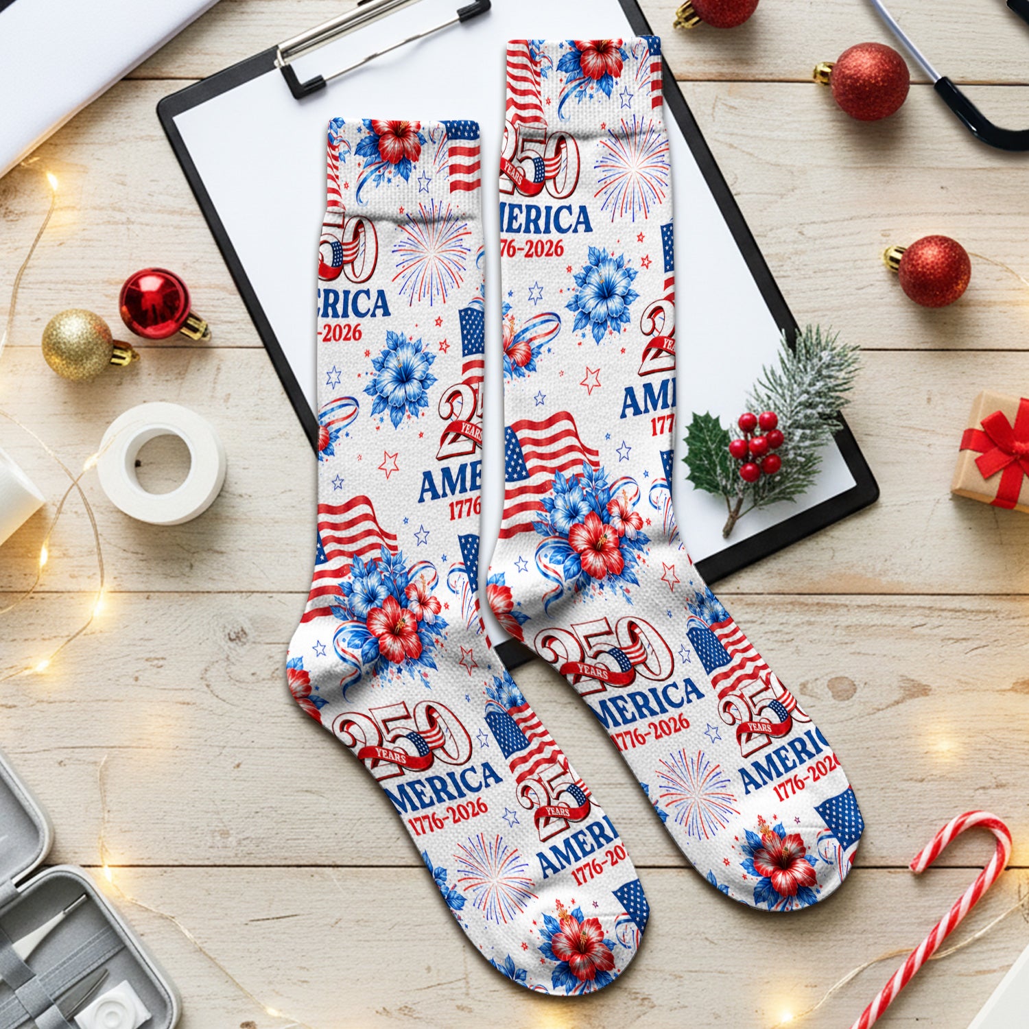 America 250 with Flag Firework Pattern Socks, Adult Socks for Men and Women