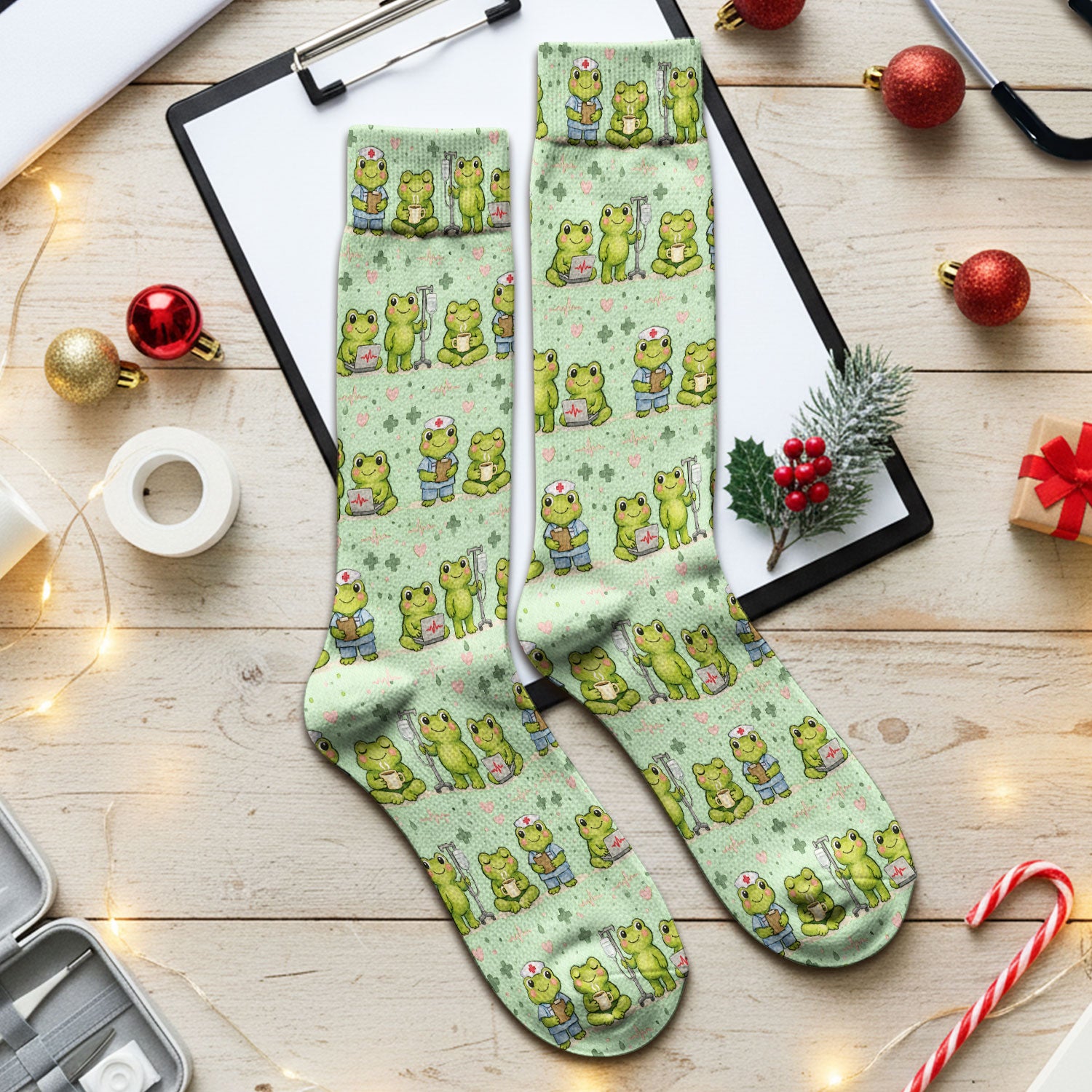 Adorable Frog Nurse Various Poses Print Socks, Breathable Fabrics Medical Uniform