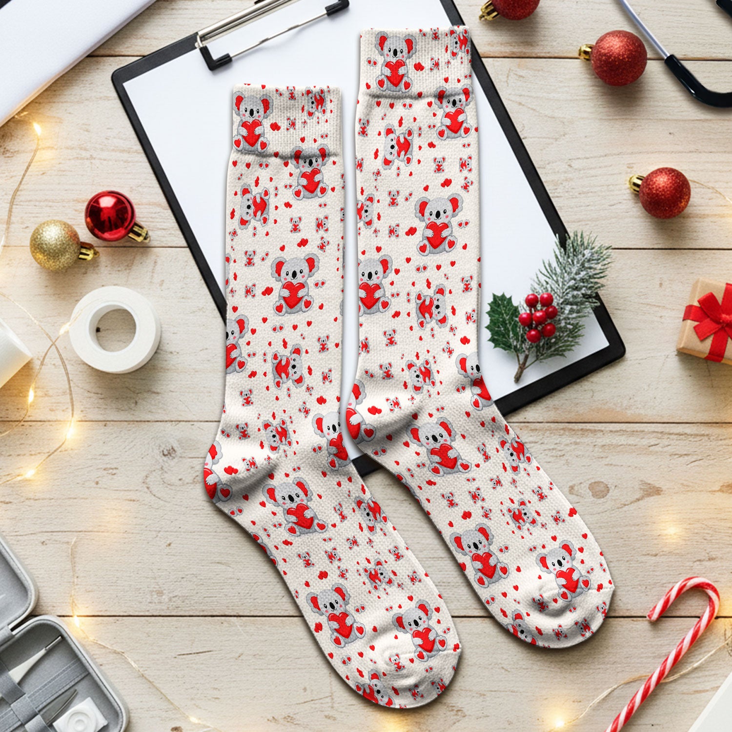 Valentine Cute Koala Heart Pattern Socks, Socks for Nurse Doctor