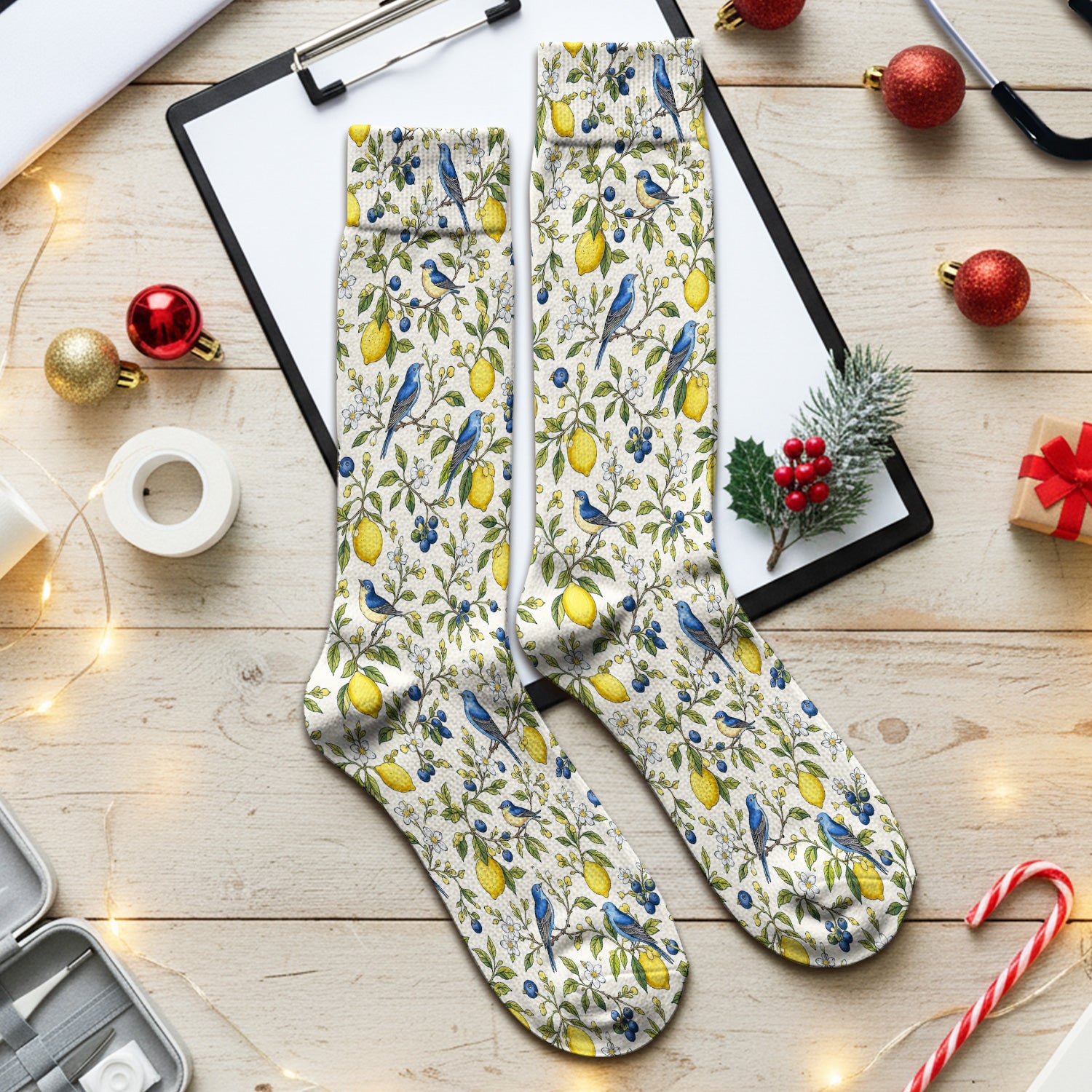 Bluebird Lemon Blossom Pattern Socks, Adult Socks for Men and Women