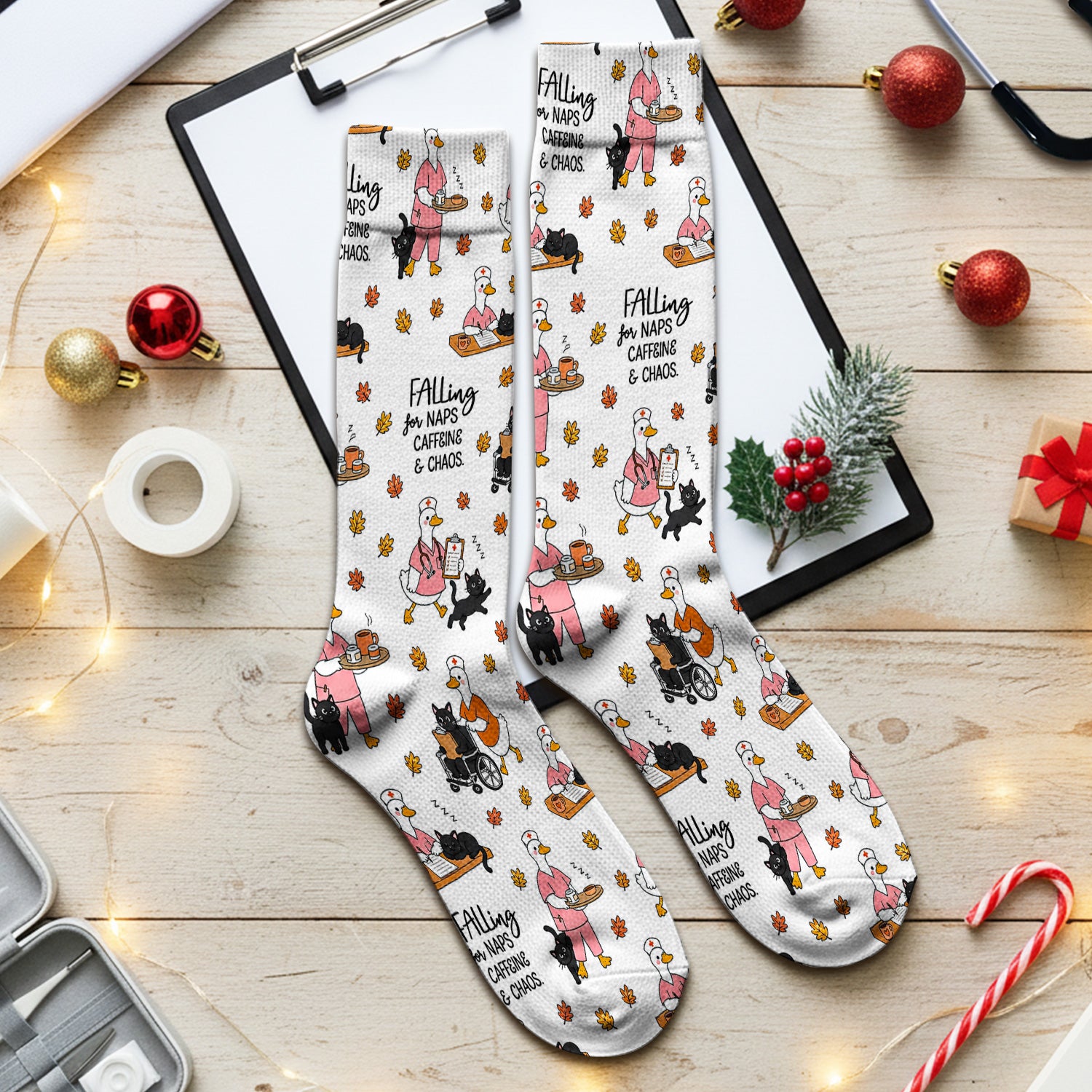 Funny Fall Nurse Goose And Black Cat Socks, Adult Socks for Men and Women