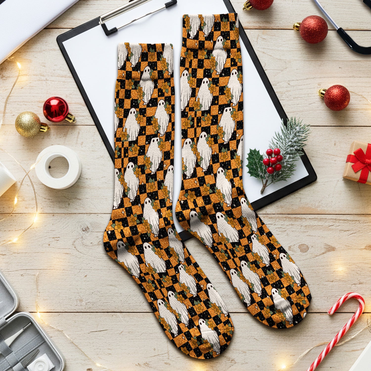 Spooky Halloween Ghost Checkerboard Socks, Adult Socks for Men and Women