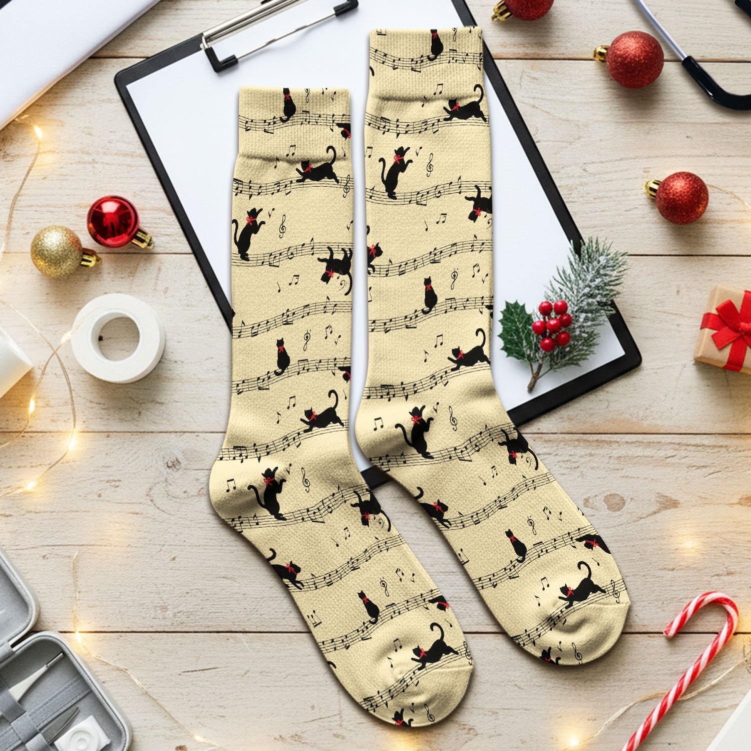 Cute Dancing Black Cat Music Staff Pattern Scrub Socks, Socks for Nurse Doctor