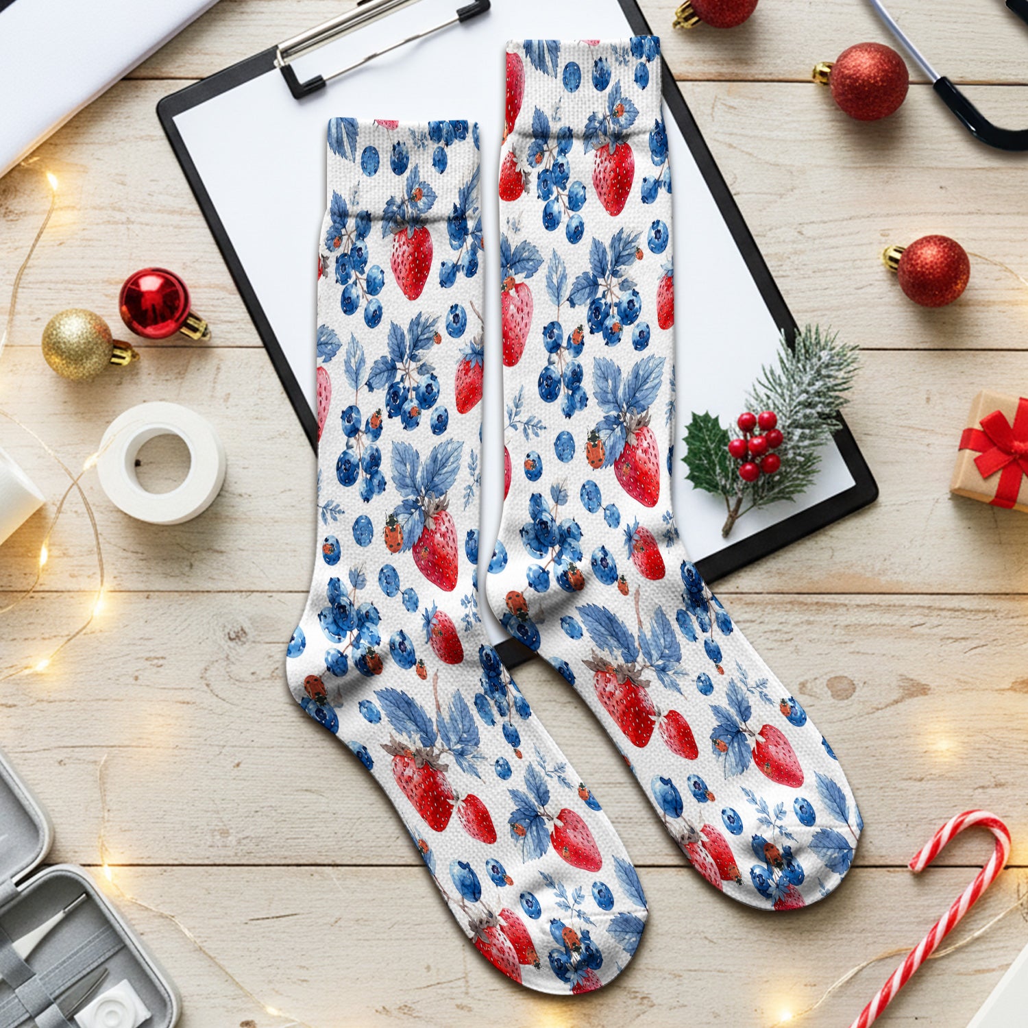 Cute Strawberry Blueberry Ladybug Pattern Socks, Adult Socks for Men and Women