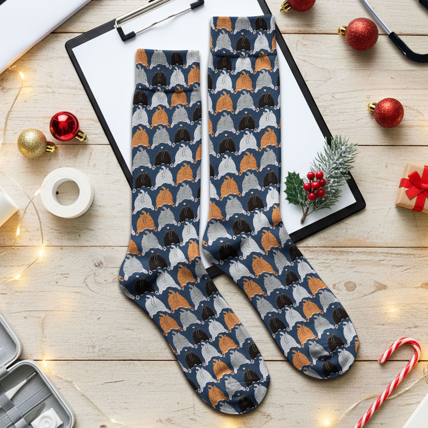 Playful Multicolor Cat Print Medical Socks, Breathable Fabrics Medical Uniform