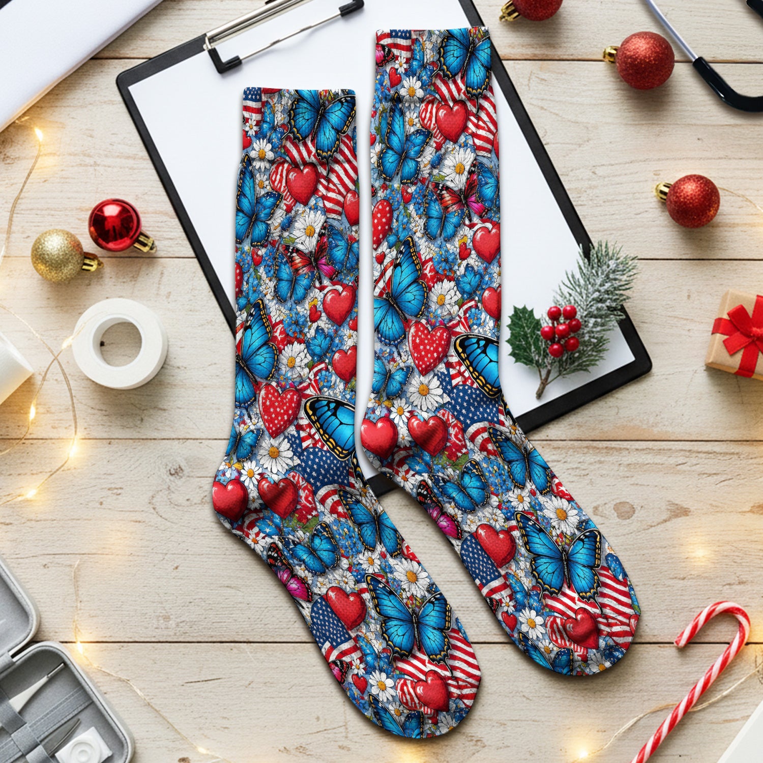 Festive Patriotic Butterfly Heart Floral Pattern Socks, Adult Socks for Men and Women