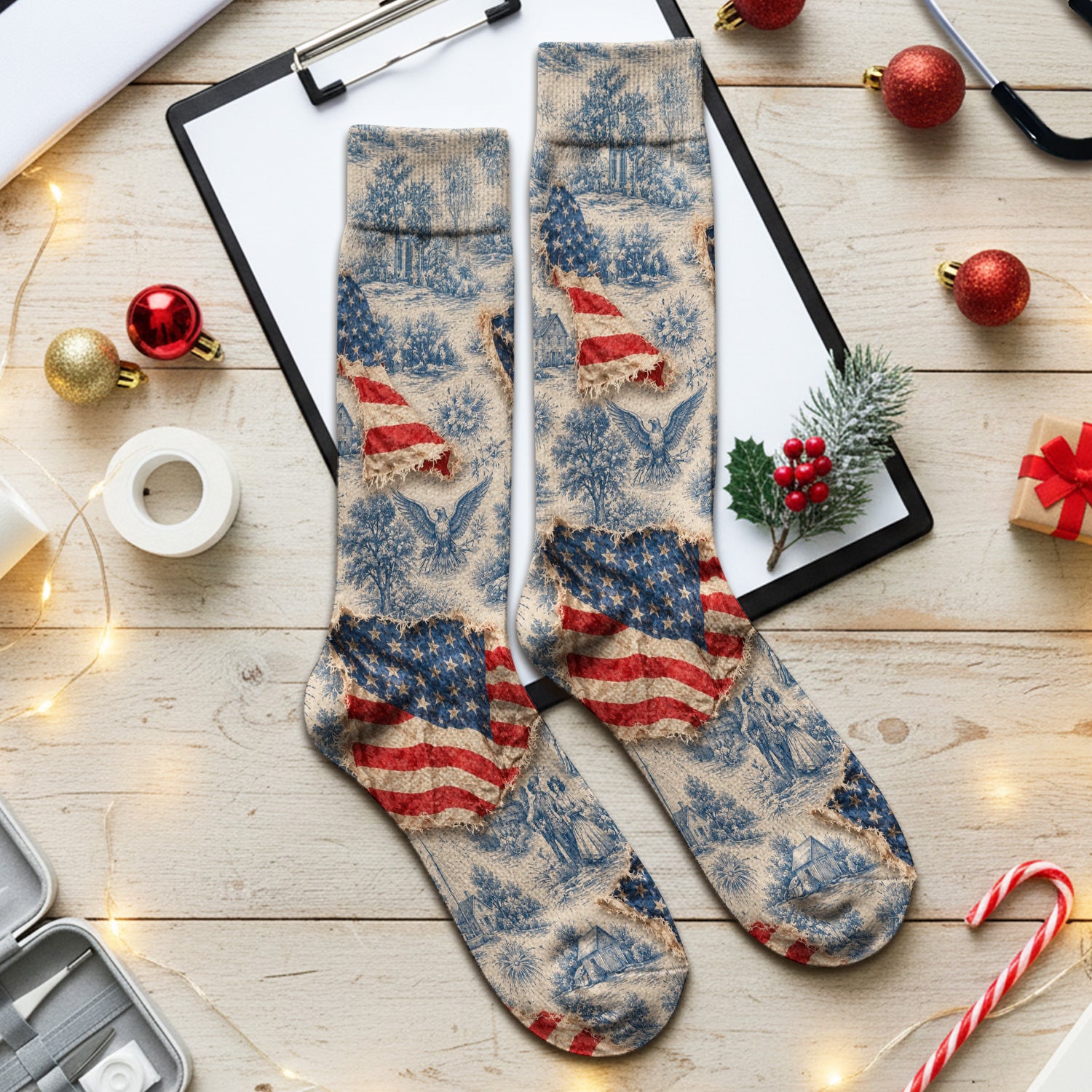 Vintage American Flag Toile Pattern Socks, Adult Socks for Men and Women