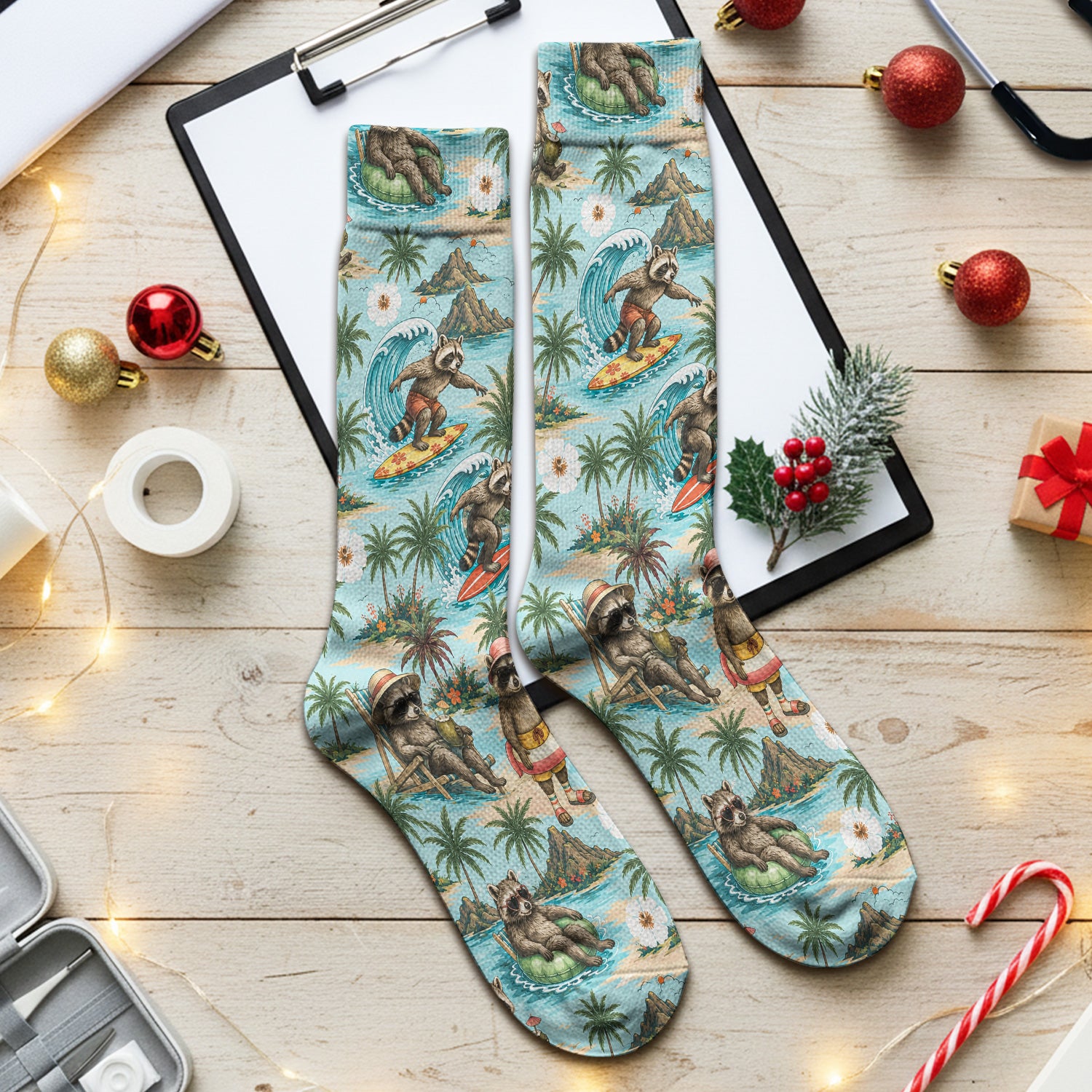 Tropical Raccoon with Surfing Island Beach Print Socks, Adult Socks for Men and Women
