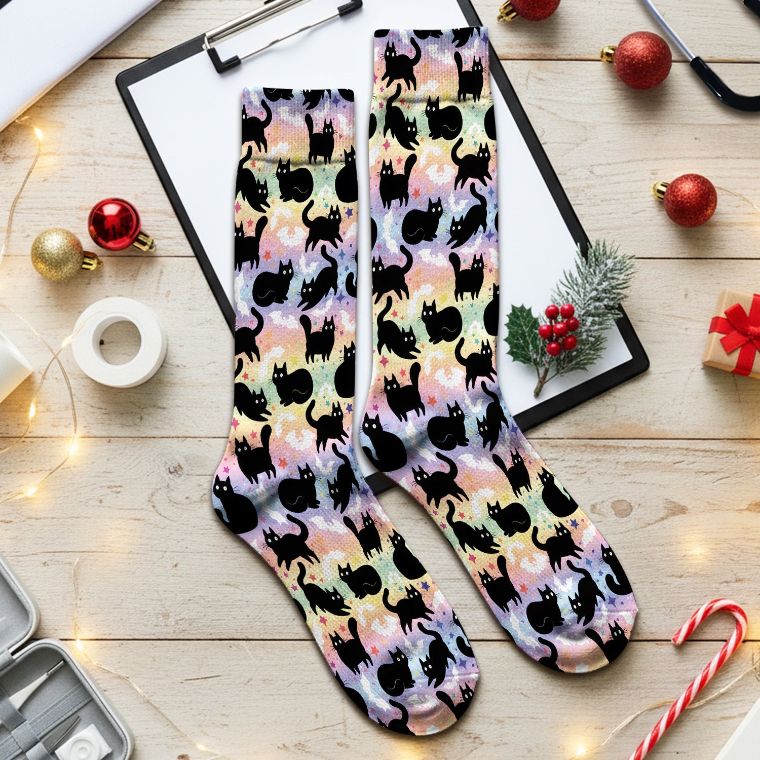 Pastel Star Black Cat Pattern Socks, Adult Socks for Men and Women