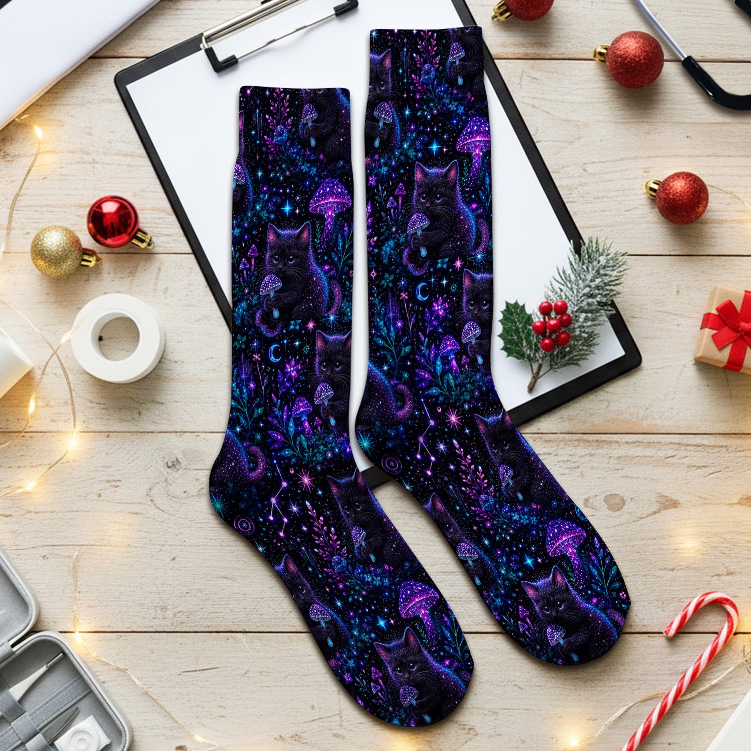 Neon Black Cat Mushroom Galaxy Pattern Socks, Adult Socks for Men and Women