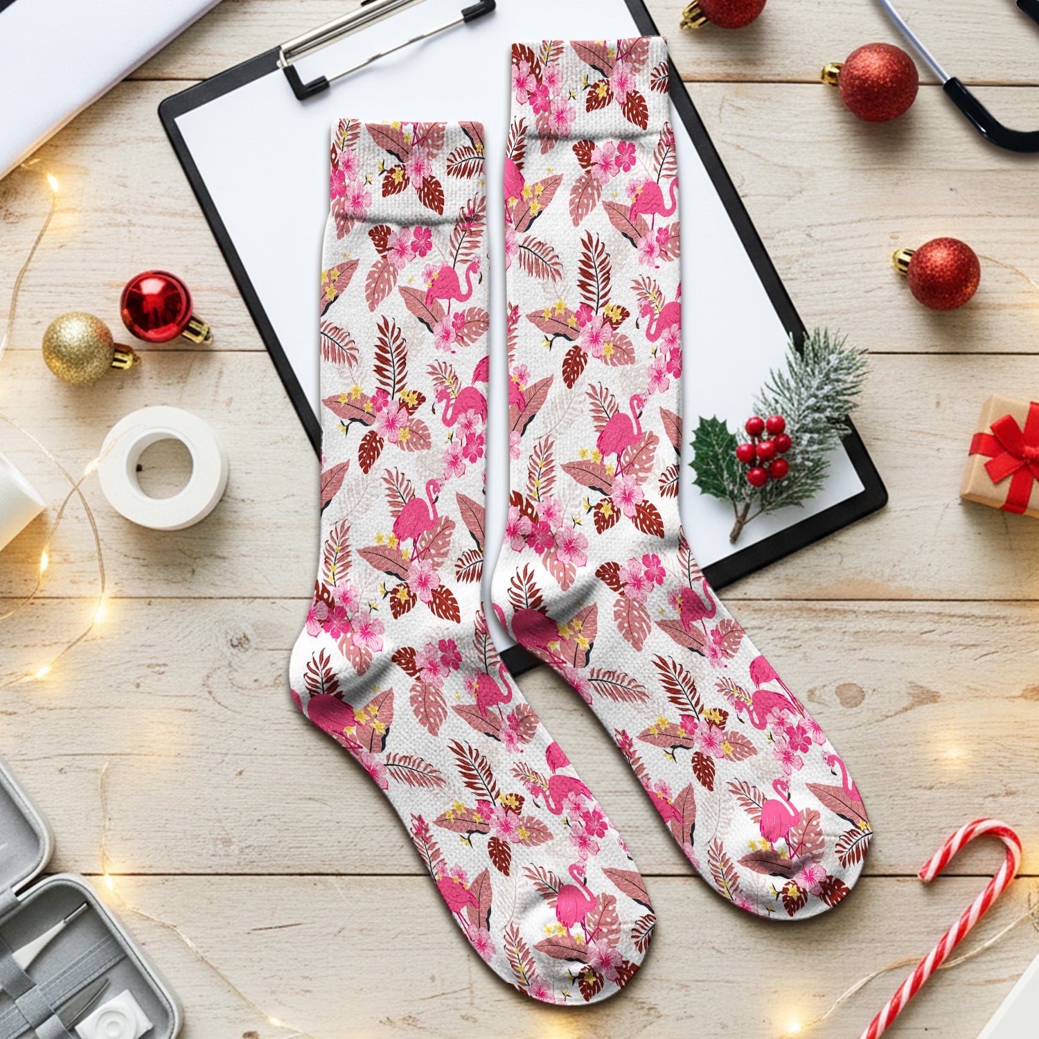 Pink Flamingo Tropical Floral Socks, Adult Socks for Men and Women
