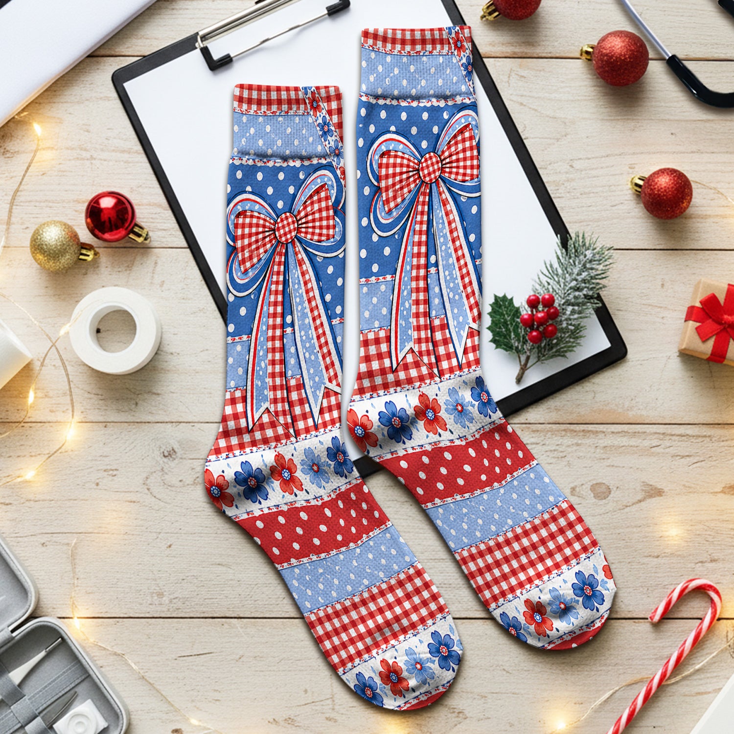 Patriotic Gingham Bow Floral Pattern Socks, Adult Socks for Men and Women