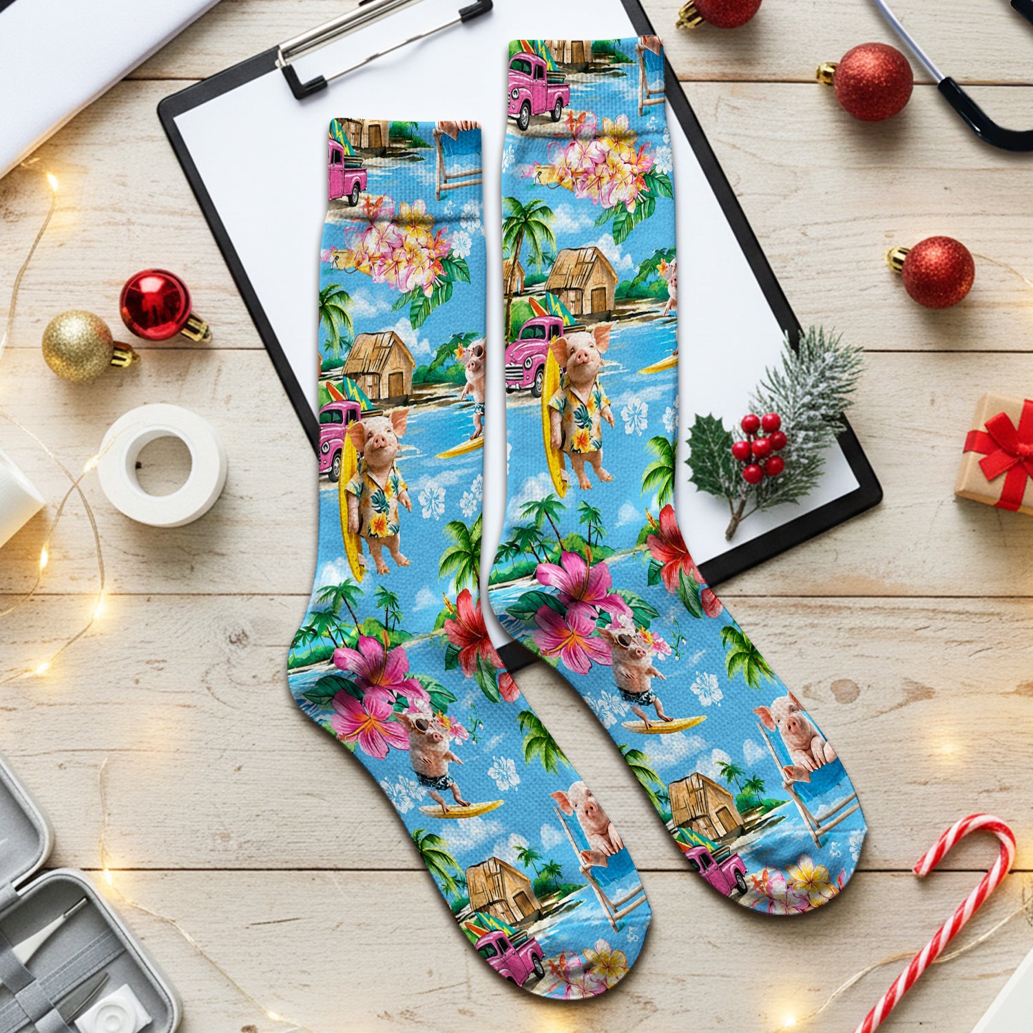 Tropical Surfing Pig Beach Pattern Socks, Adult Socks for Men and Women