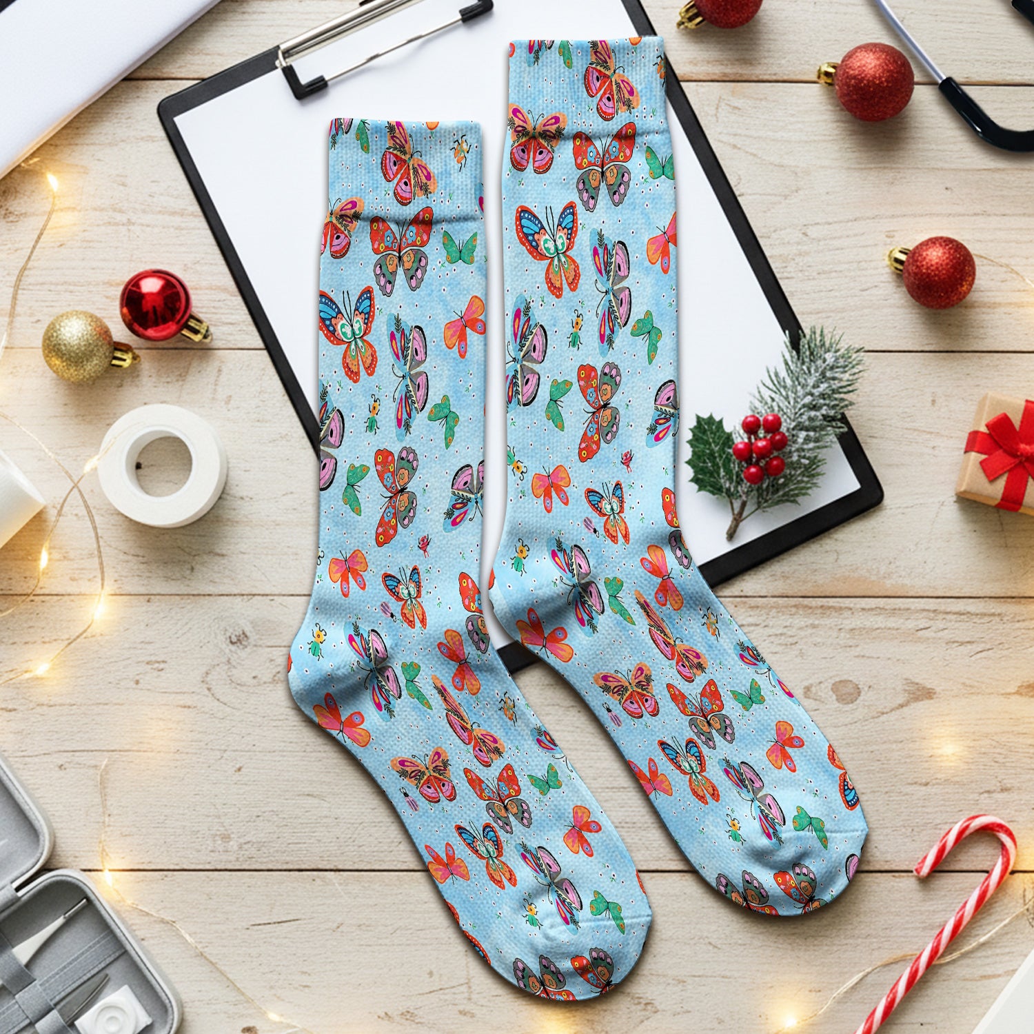 Colorful Butterfly Garden Pattern Socks, Breathable Fabrics Medical Uniform