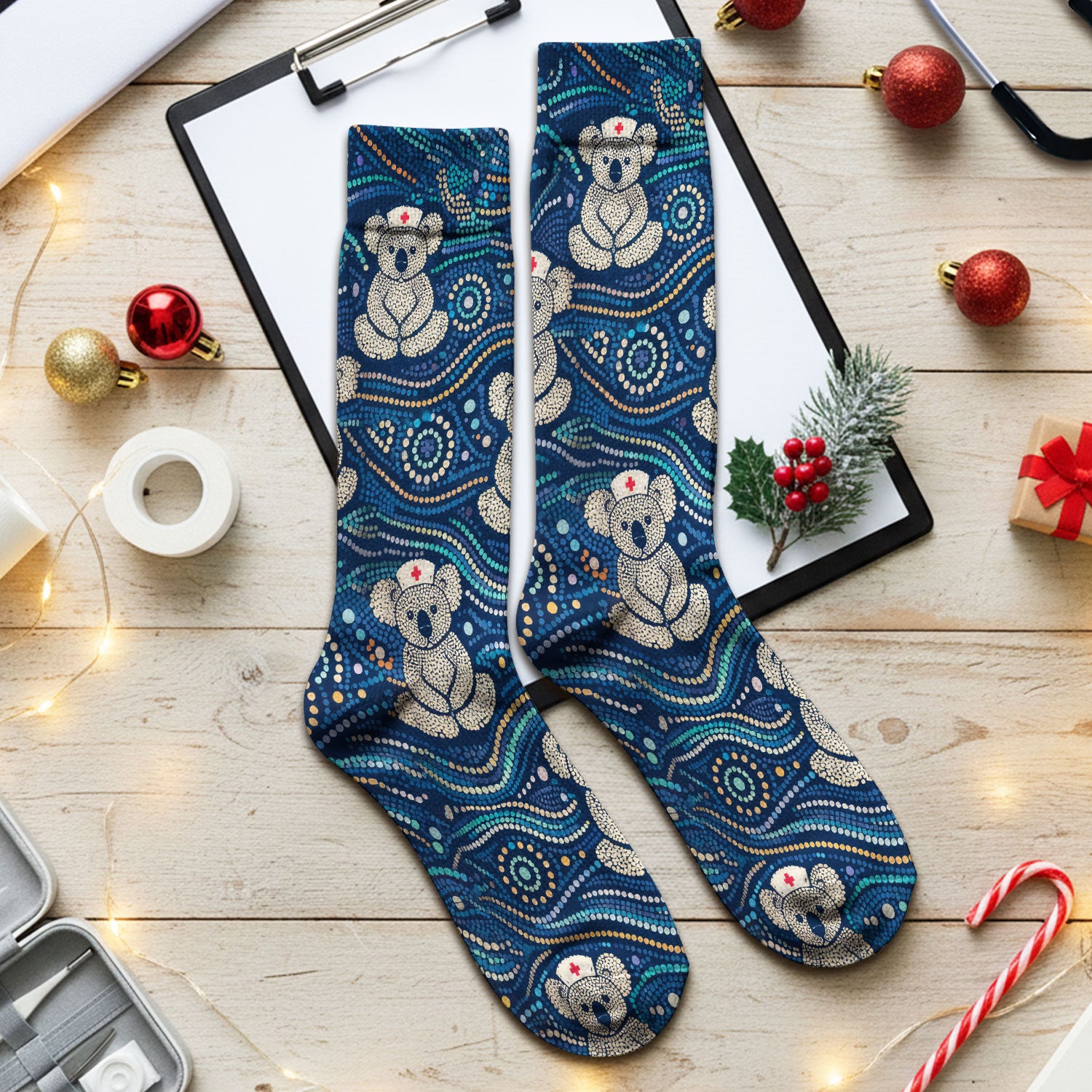 Koala Pattern Nurse Scrub Socks, Aboriginal Dot Art Medical Sock For Women, Breathable Fabrics Nursing Uniform