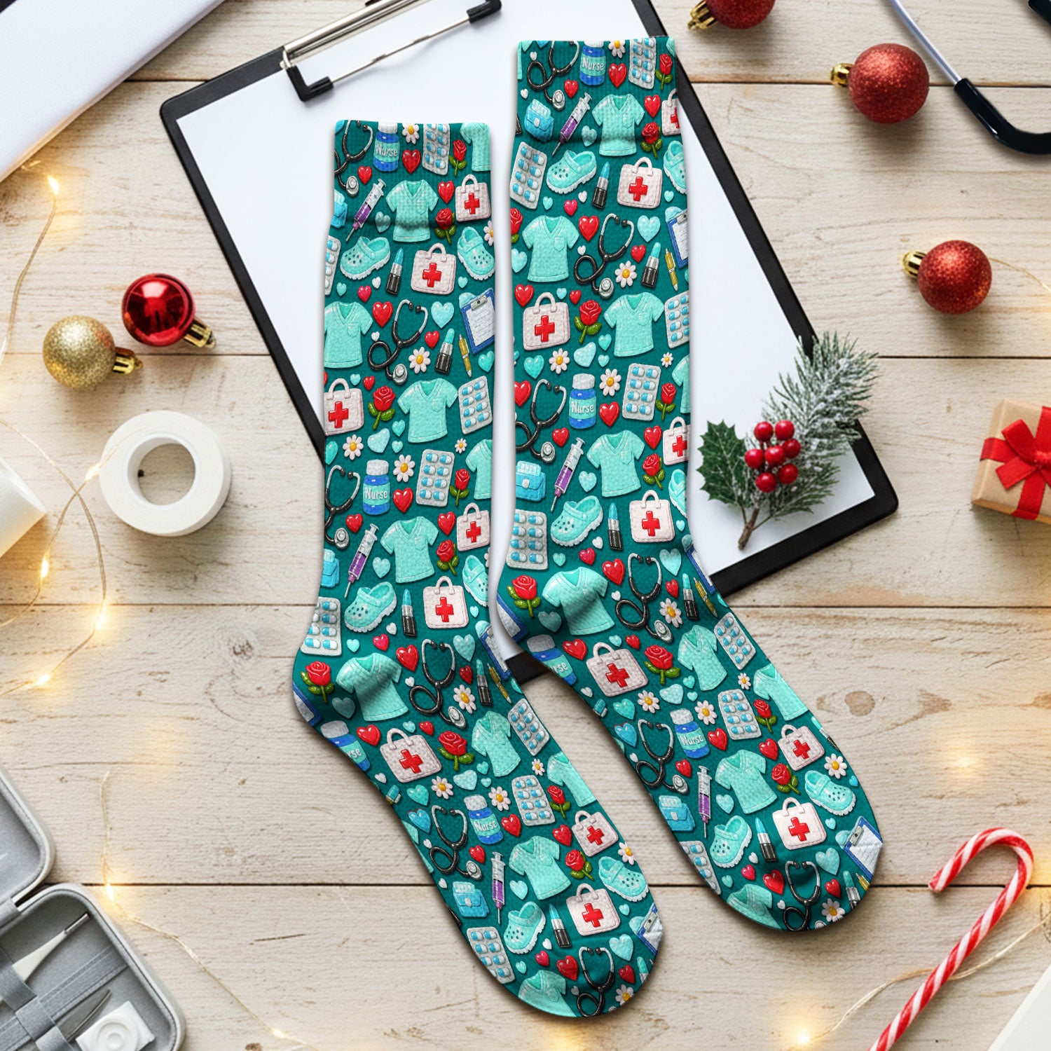 Medical Icons Scrub Socks, Cute Pattern Nurse Sock, Breathable Fabrics Nursing Uniform