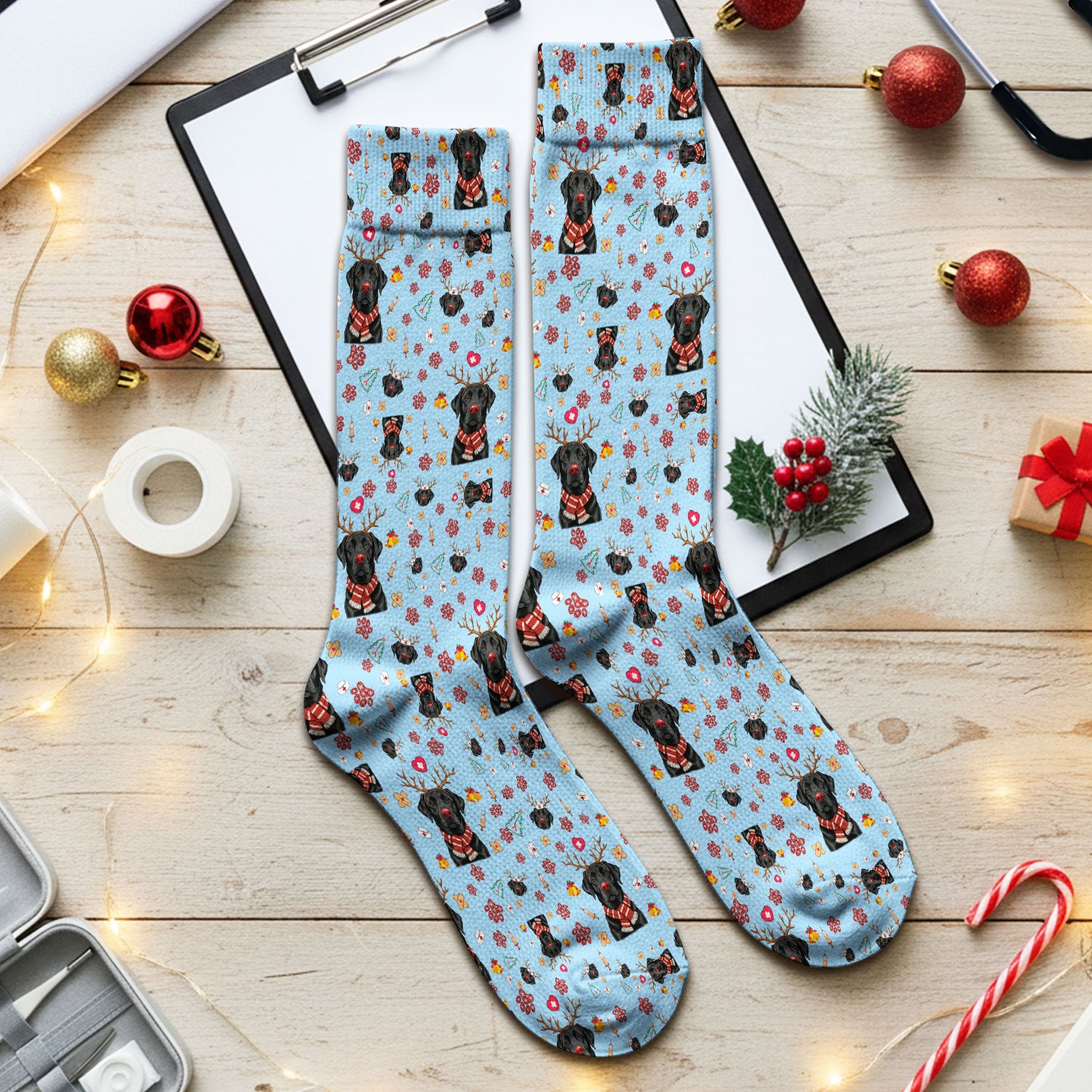 Funny Black Lab Reindeer Socks for Nurse Doctor - Christmas Puppy Adult Socks for Men and Women