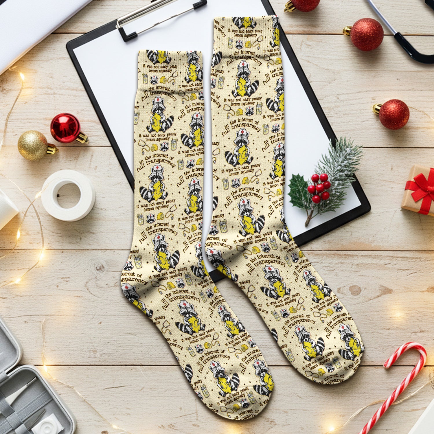 Raccoon Lemon Quote Medical Humor Pattern Socks, Breathable Fabrics Medical Uniform