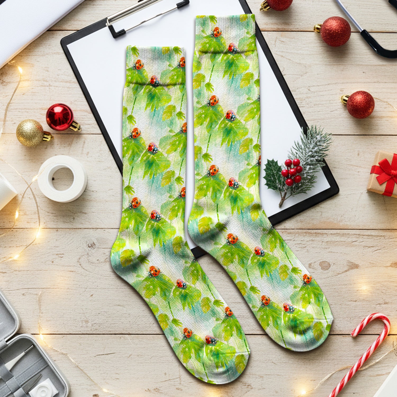 Ladybugs On Rainy Leaves Pattern Socks, Adult Socks for Men and Women