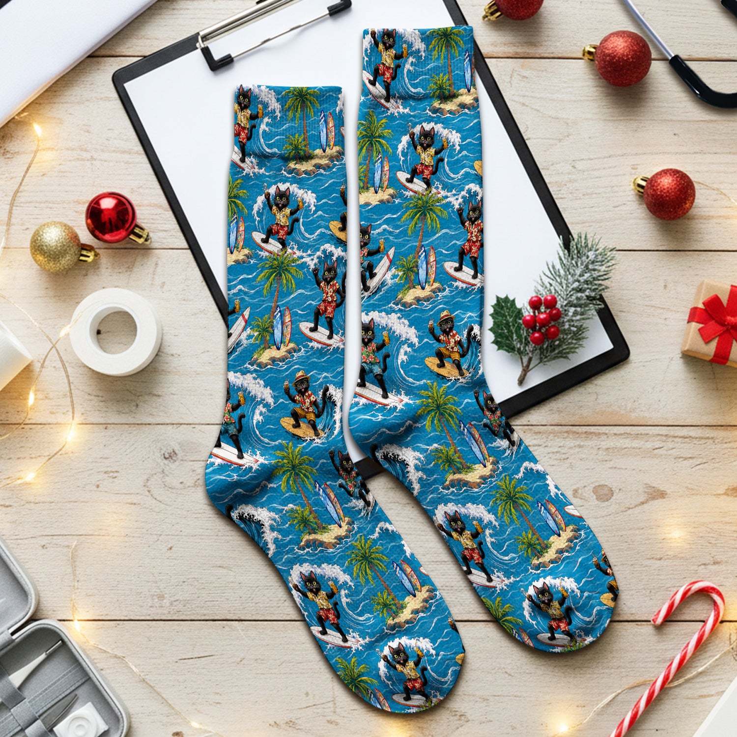 Tropical Black Cat Surfer Island Pattern Socks, Adult Socks for Men and Women