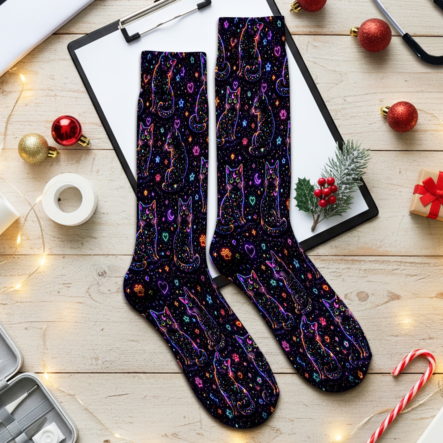 Mystical Cosmic Moon Cat Pattern Socks, Adult Socks for Men and Women