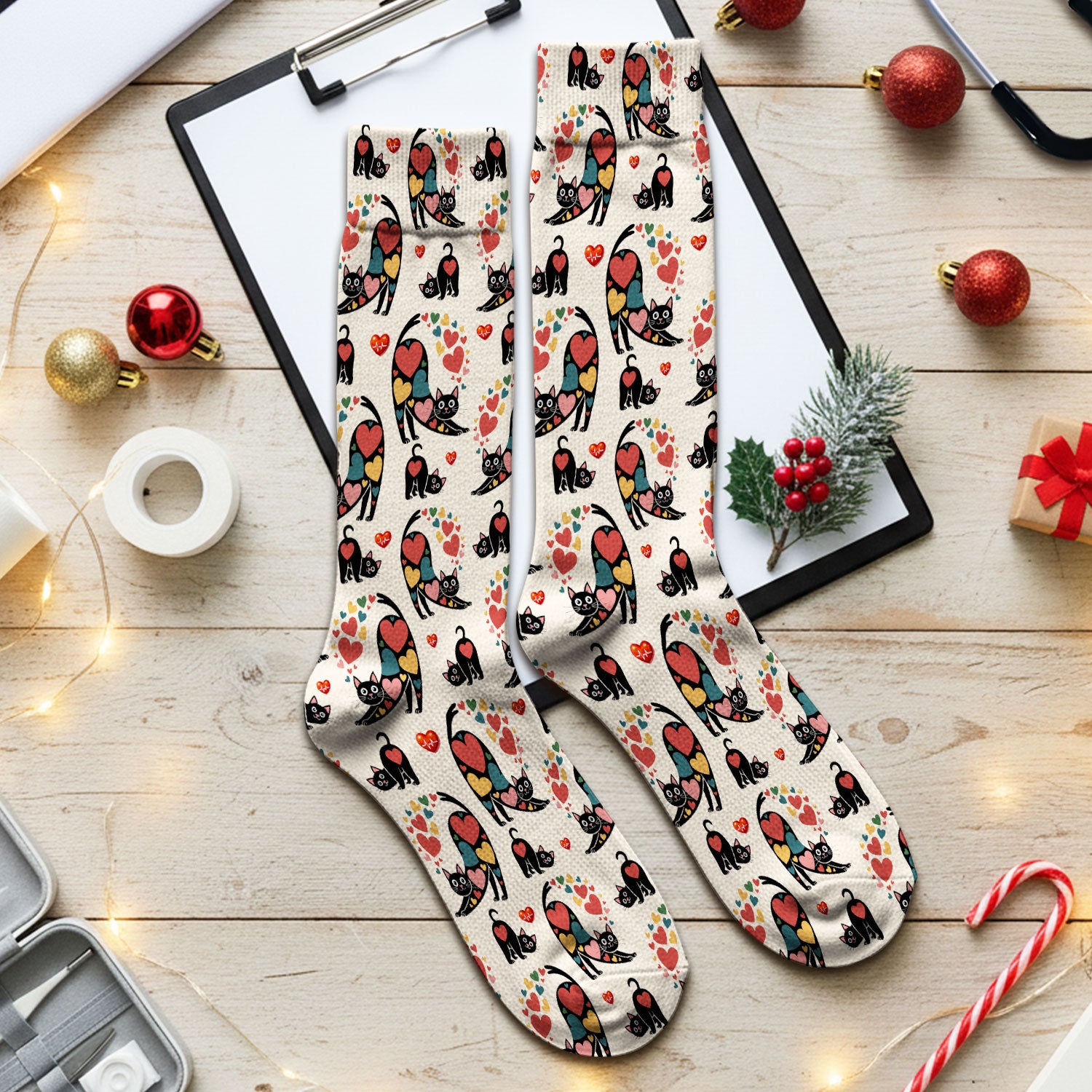 Playful Cat Valentine Heart Print Medical Socks, Socks for Nurse Doctor