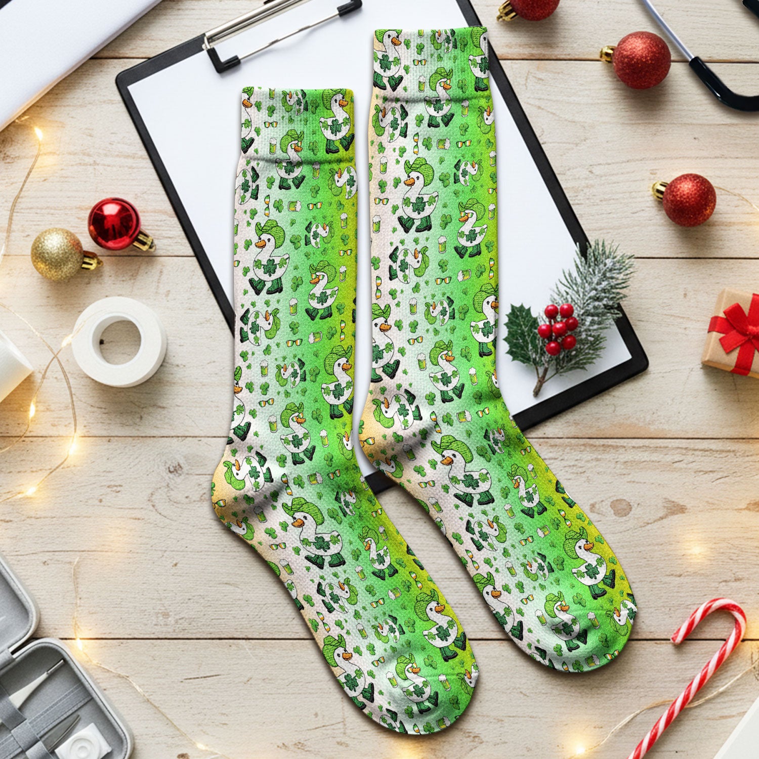 St. Patrick Goose Shamrock Medical Pattern Socks, Breathable Fabrics Medical Uniform