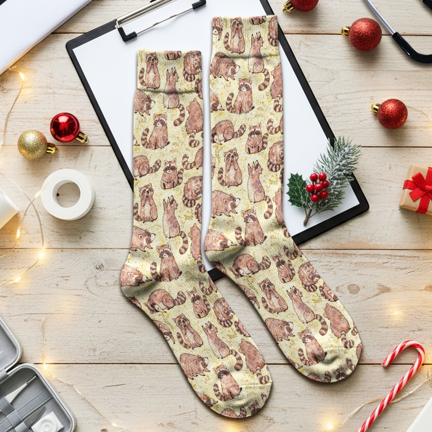 Cute Raccoon Woodland Pattern Socks, Adult Socks for Men and Women