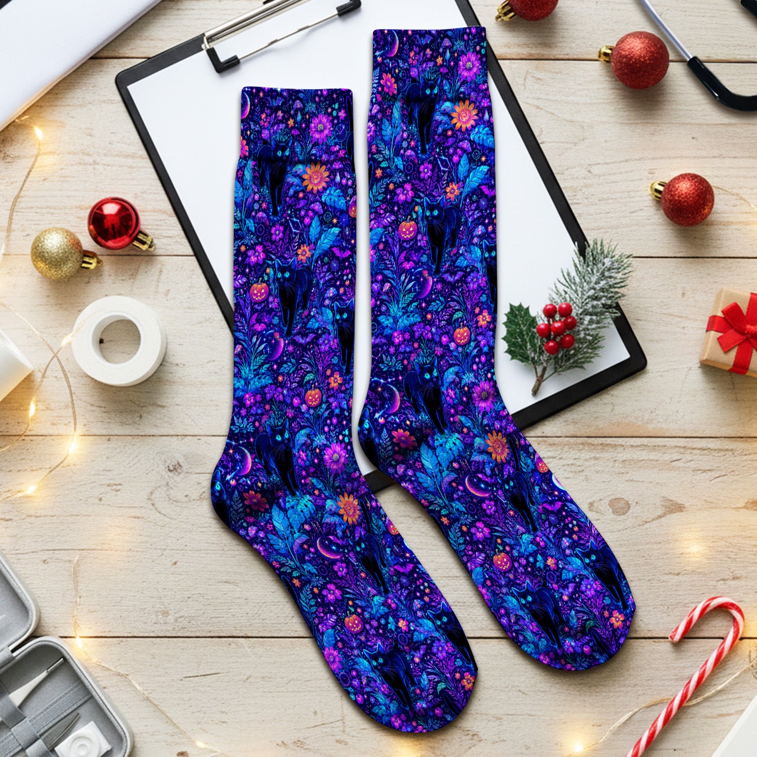 Halloween Black Cat Floral Print Socks, Adult Socks for Men and Women