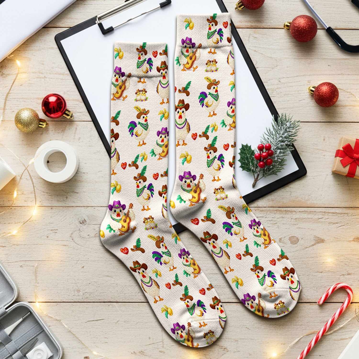 Funny Mardi Gras Rooster Cowboy Print Medical Socks, Socks for Nurse Doctor