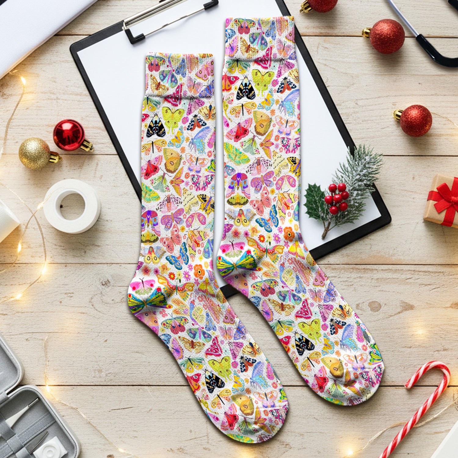 Cute Bright Butterfly Moth Floral Socks, Breathable Fabrics Medical Uniform