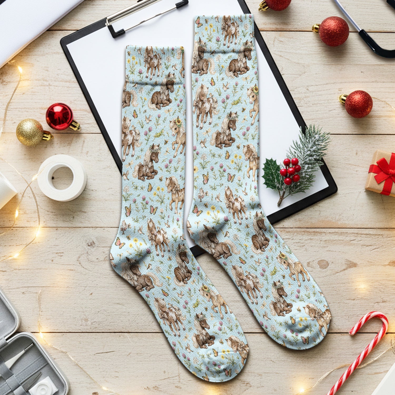 Cute Pony Garden with Butterfly Floral Meadow Print Socks, Adult Socks for Men and Women