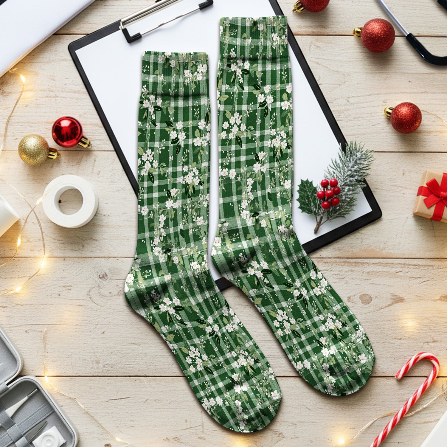 Cute Green Gingham Floral Print Socks, Socks for Nurse Doctor