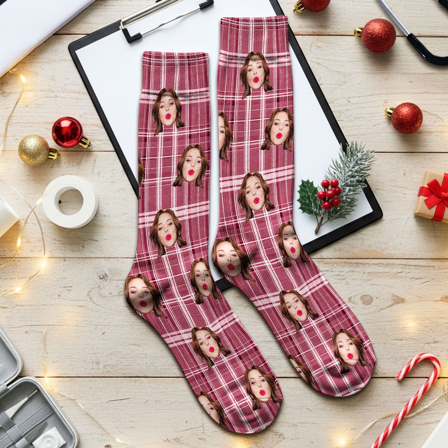 Personalized Funny Face Plaid Medical Socks, Custom Photo Pattern Socks For Nurse Doctor, Breathable Fabrics Medical Uniform