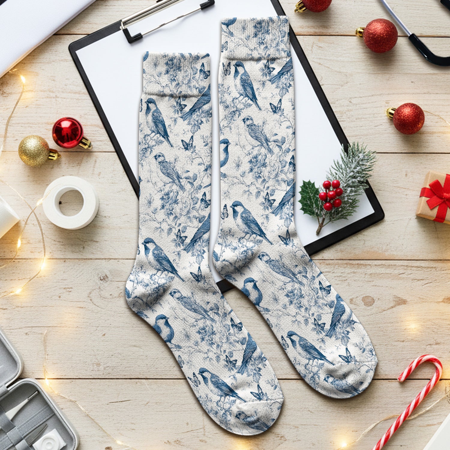 Blue Toile Songbird With Butterfly Print Socks, Adult Socks for Men and Women