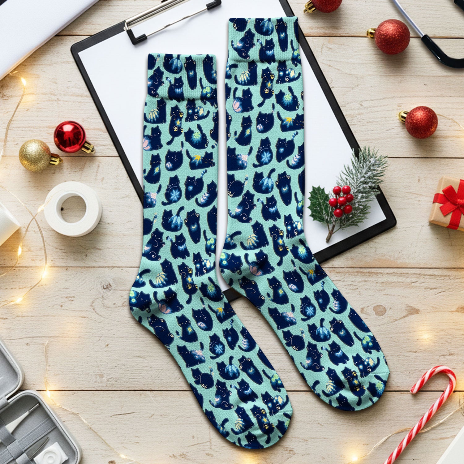 Midnight Cat Scrub Socks, Black Cat Pattern Nurse Sock, Breathable Fabrics Nursing Uniform