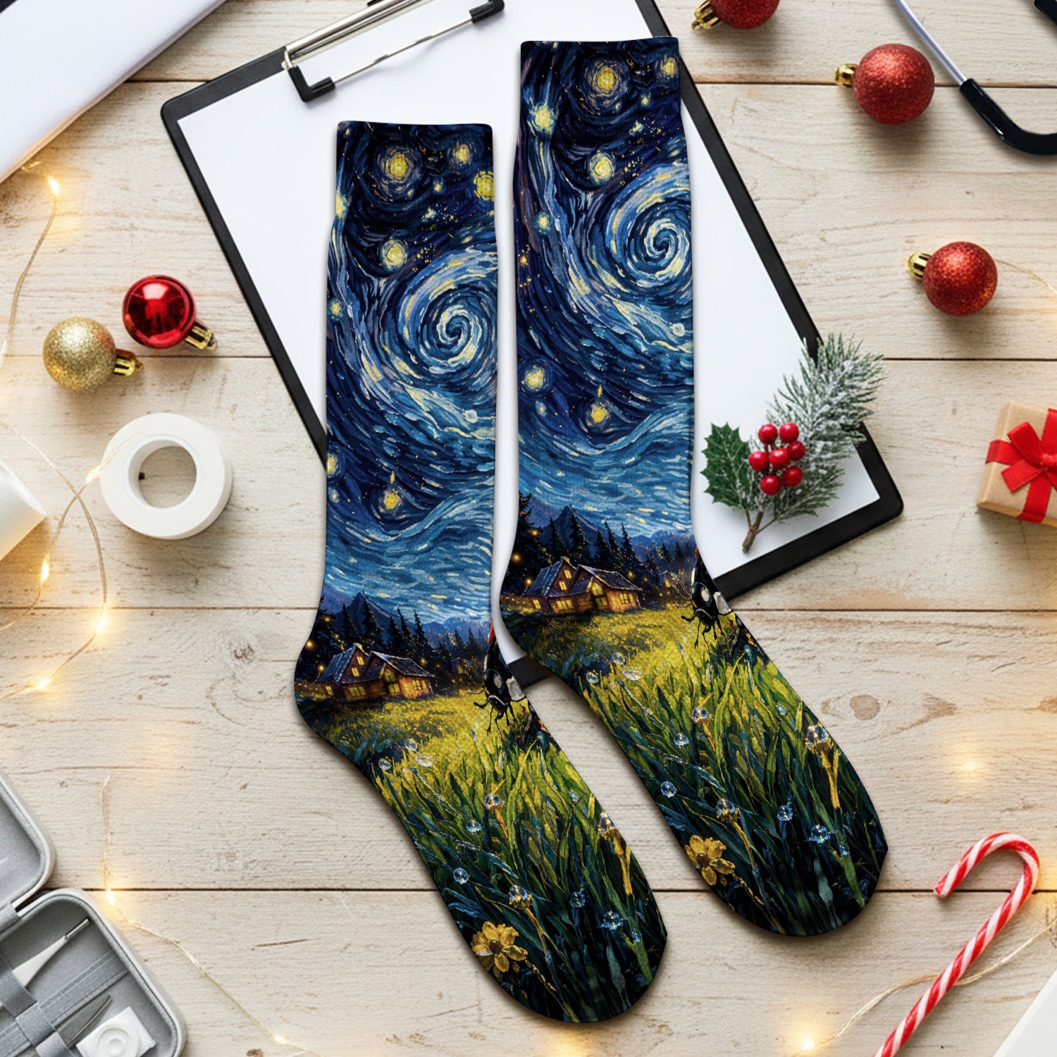 Swirl Night Sky Ladybug Landscape Art Print Socks, Breathable Fabrics Medical Uniform