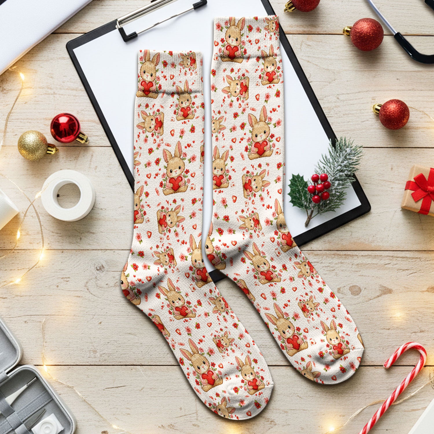 Adorable Bunny Heart Healthcare Design Socks, Adult Socks for Men and Women