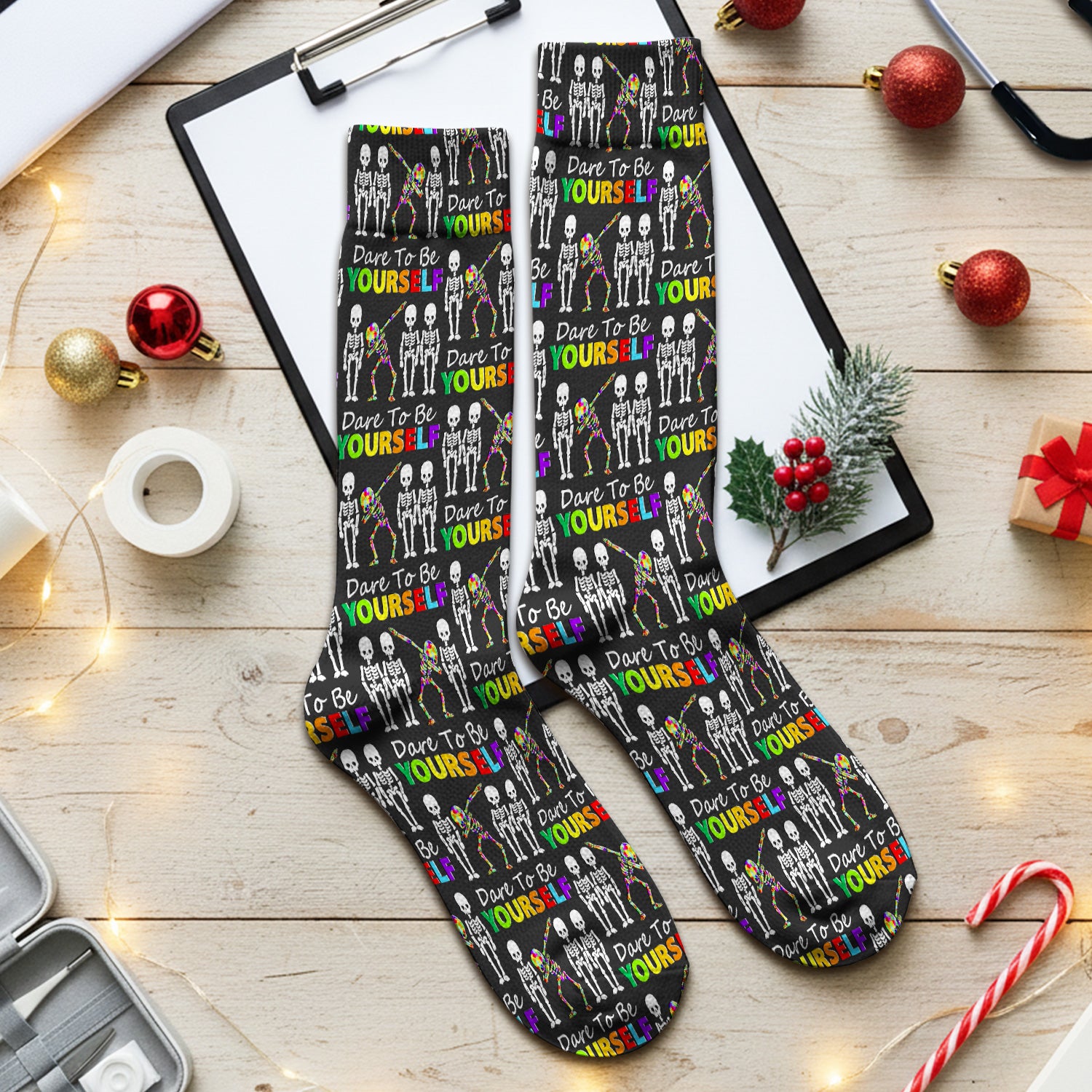 Rainbow Skeleton Dare To Be Yourself Pattern Socks, Adult Socks for Men and Women