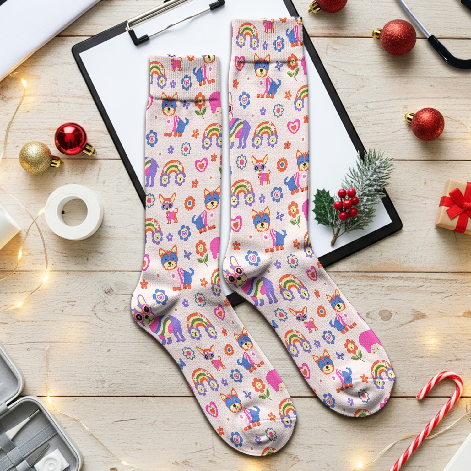 Colorful Cartoon Dogs With Rainbow Flowers Pattern Socks, Adult Socks for Men and Women