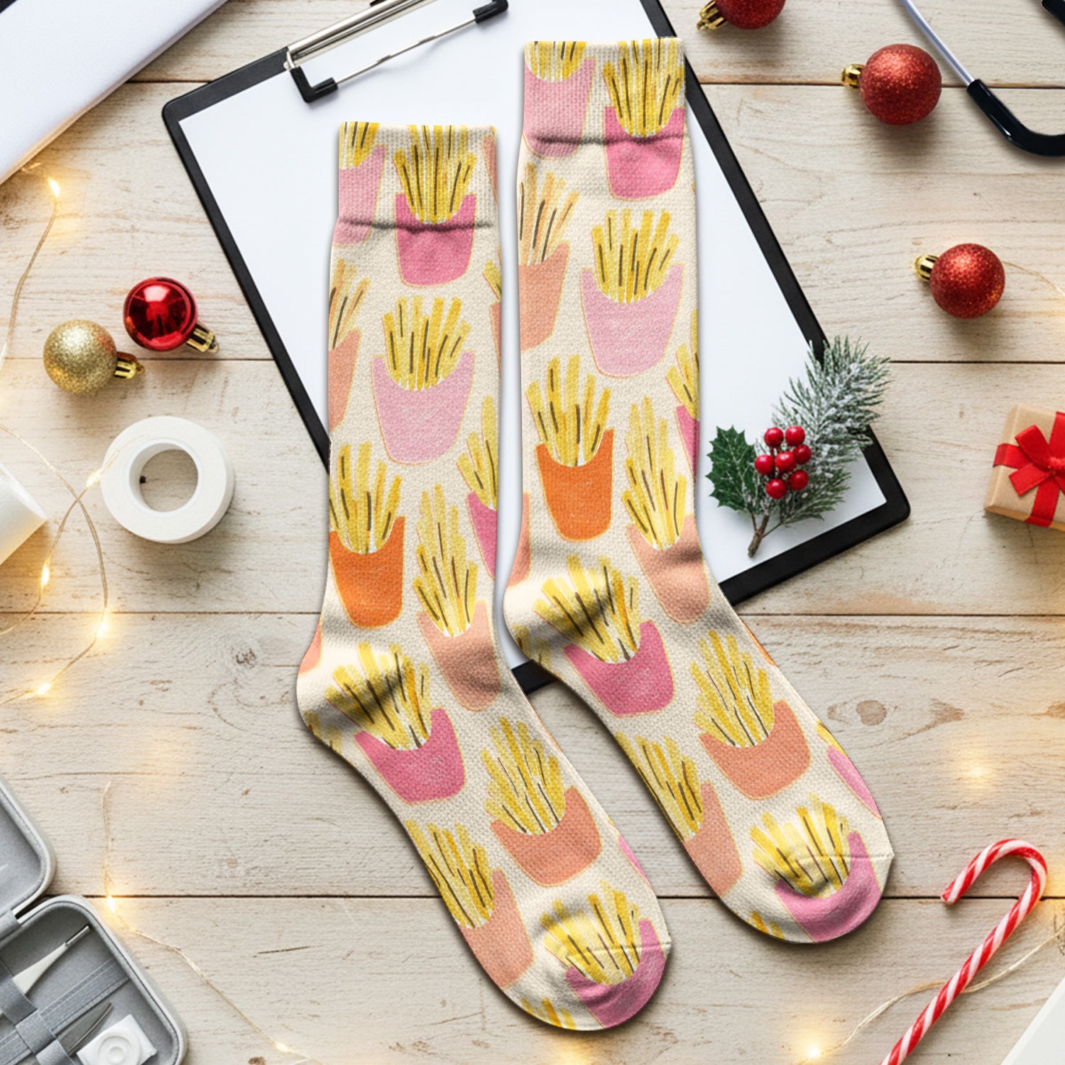 Funny French Fries Snack Food Pattern Socks, Breathable Fabrics Medical Uniform