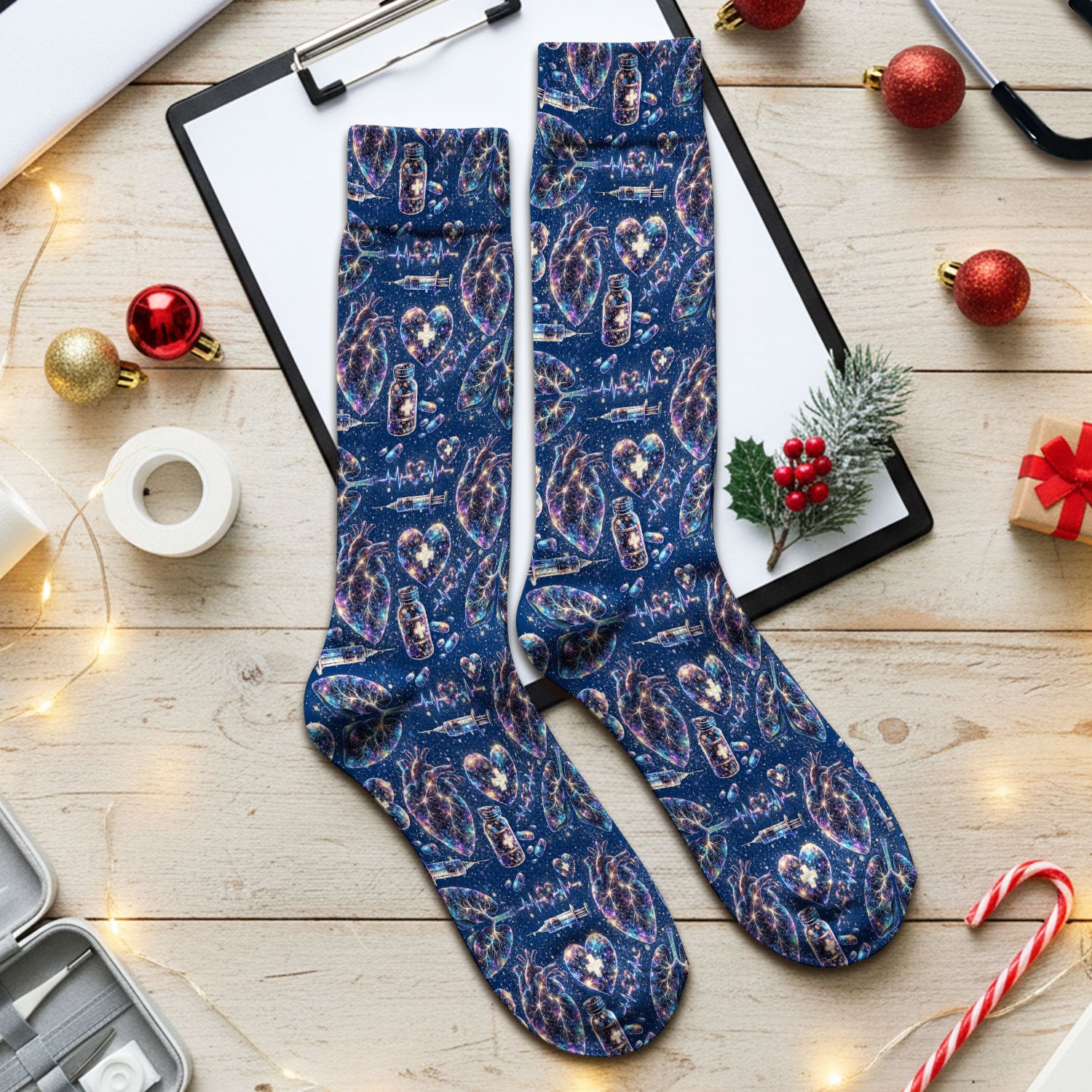 Galaxy Anatomical Heart Lung Syringe Print Socks, Breathable Fabrics Medical Uniform