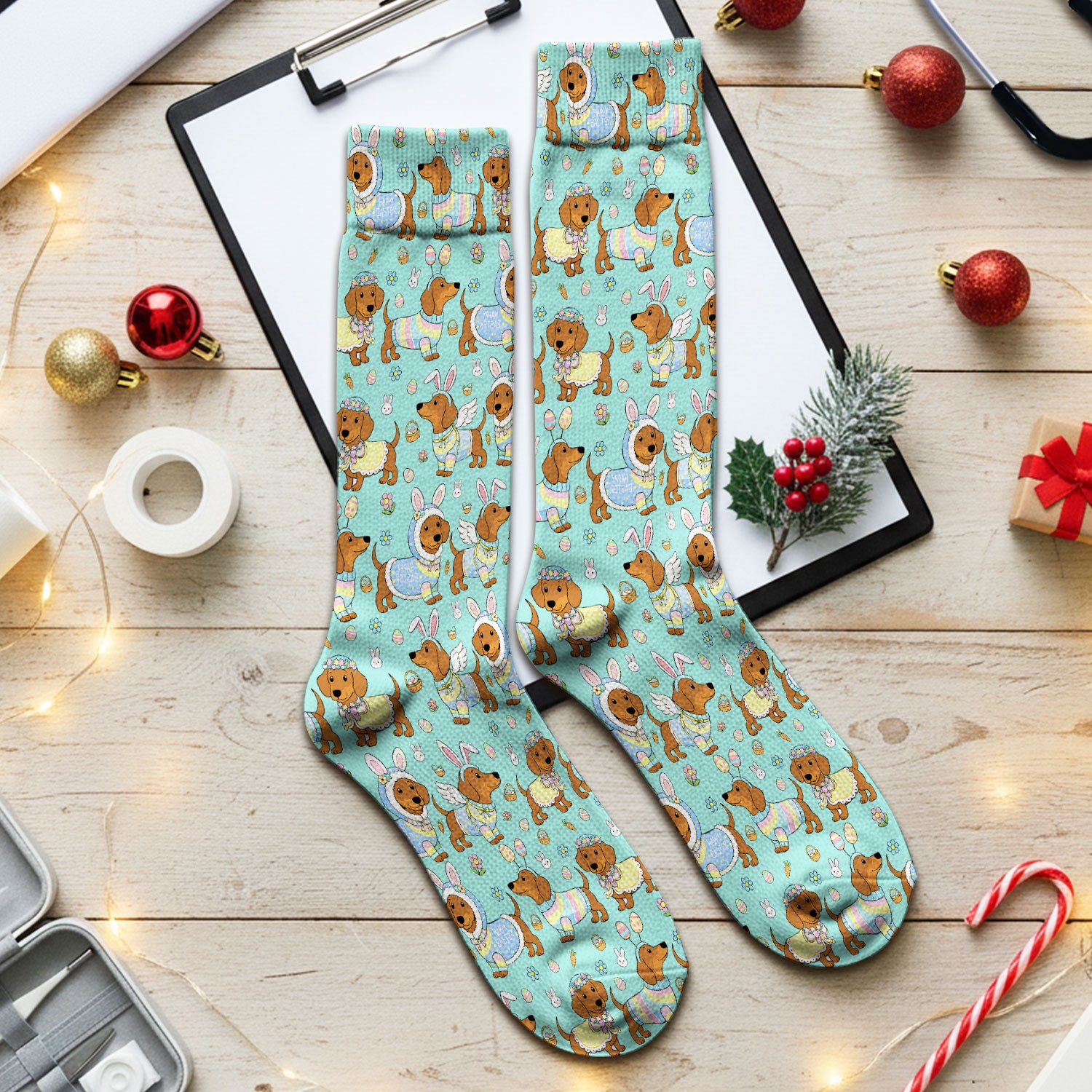 Easter Dachshund Bunny Pattern Nurse Socks, Breathable Fabrics Medical Uniform