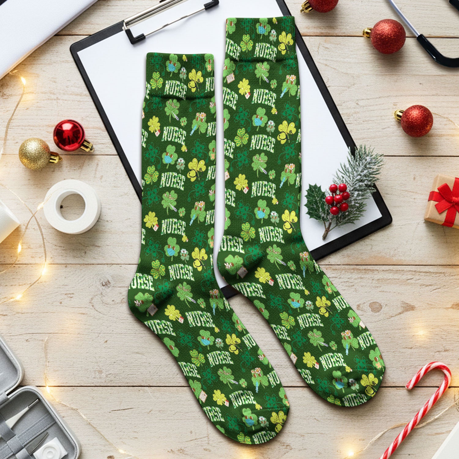 Lucky Shamrock Nurse Scrub Socks, St. Patrick’s Day Nursing Sock, Breathable Fabrics Nursing Uniform