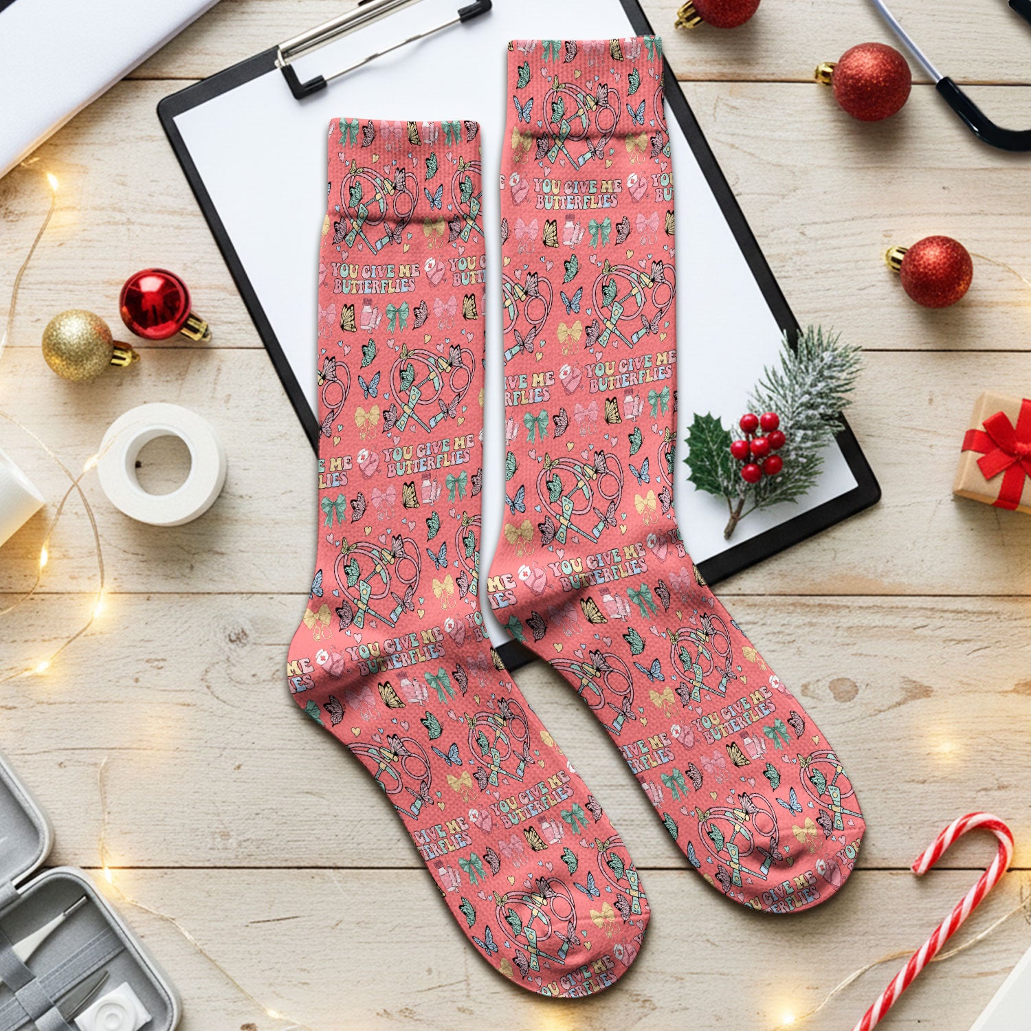 Butterfly Heart Valentine Medical Pattern Socks, Adult Socks for Men and Women