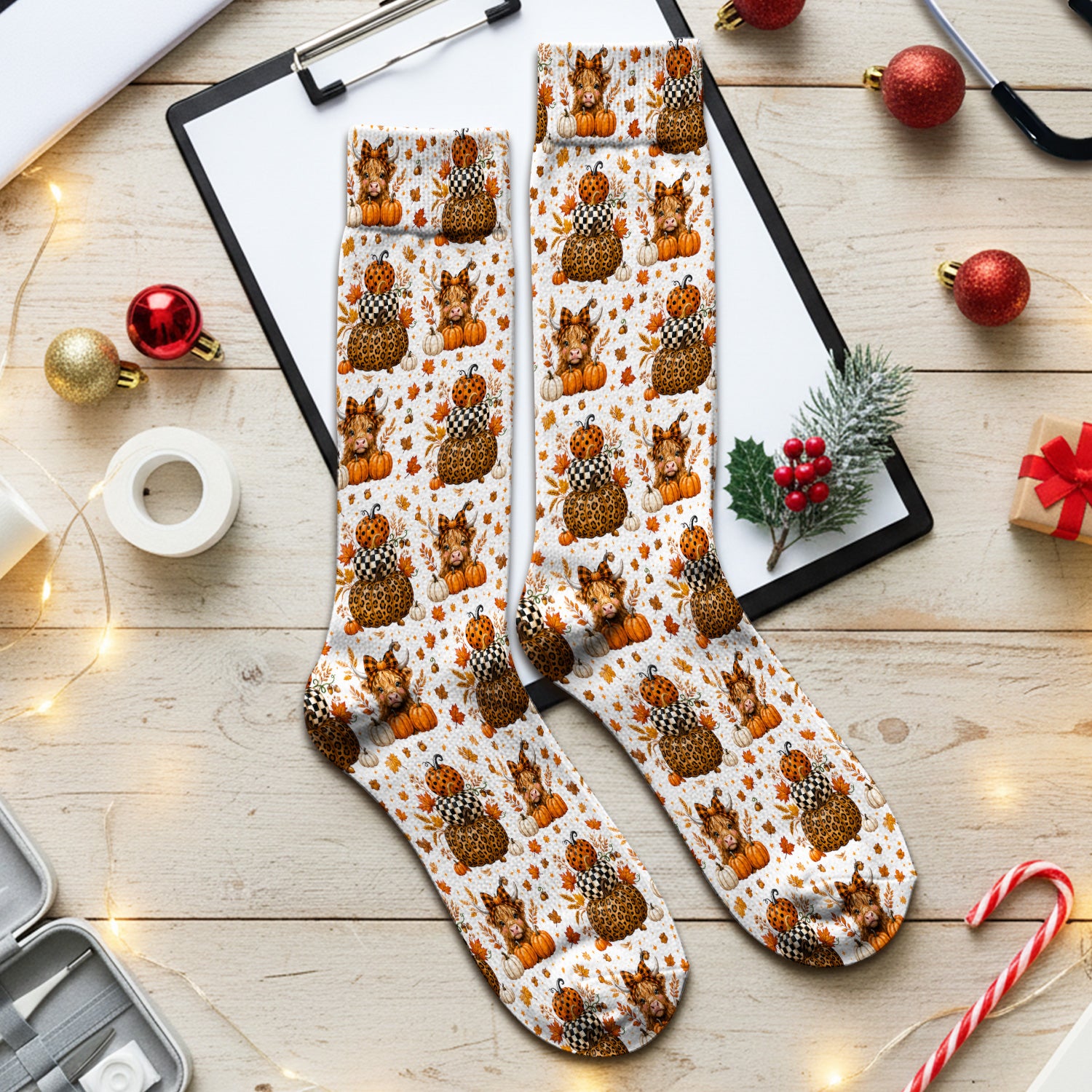 Fall Highland Cow Pattern Socks, Adult Socks for Men and Women