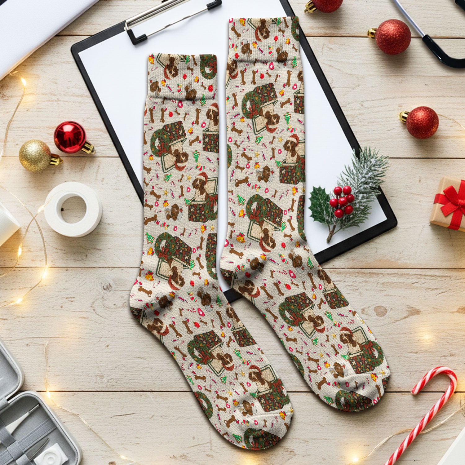 Funny Christmas Dog Socks – Cute Pet Lover Holiday Pattern – Festive Medical Uniform for Nurses and Animal Care Workers
