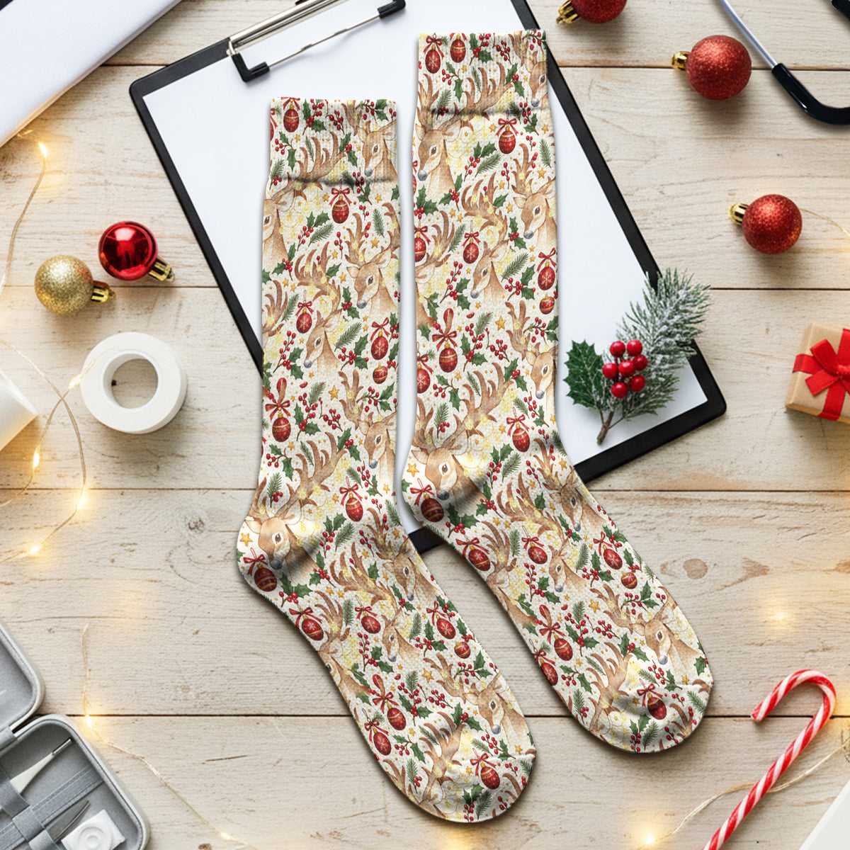 Christmas Reindeer And Holly Socks, Adult Socks for Men and Women