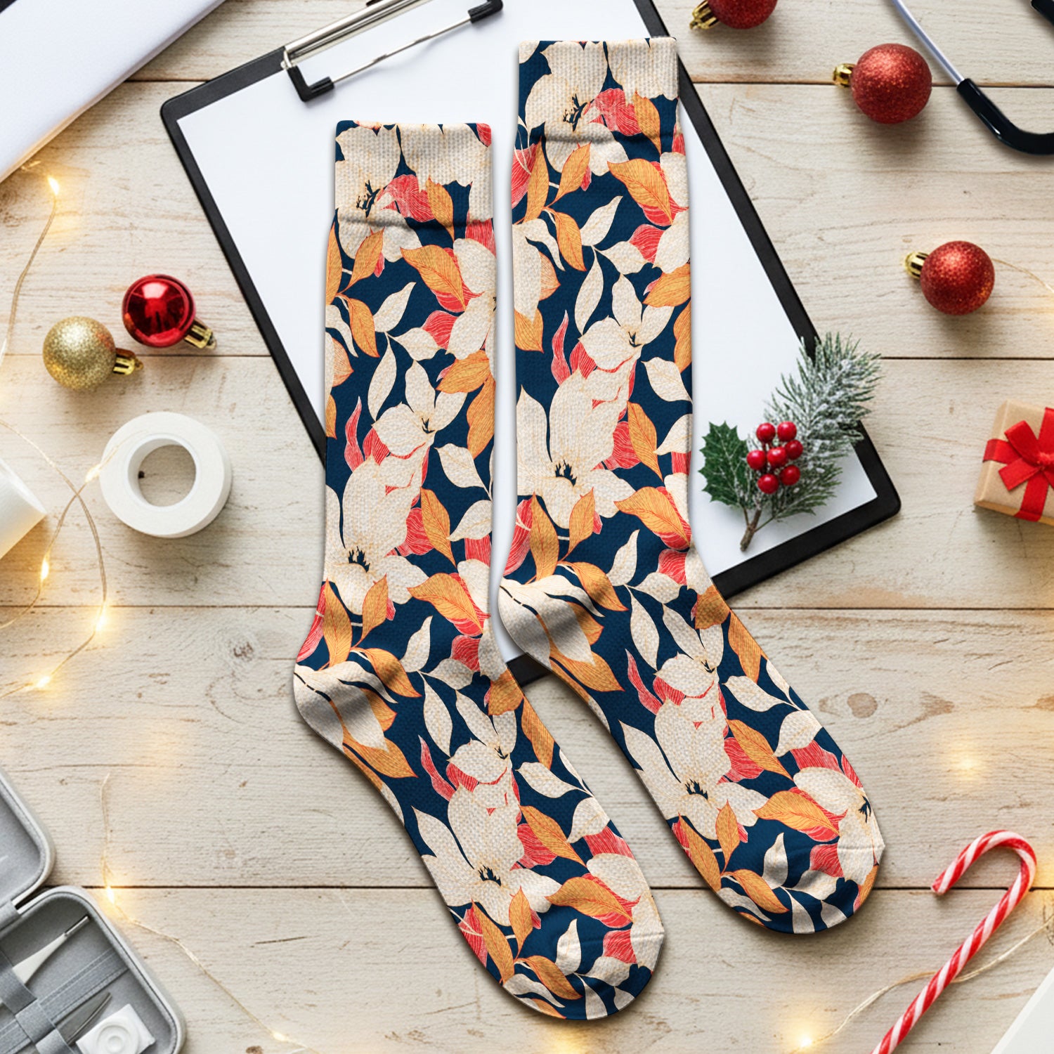 Elegant Ivory Lily Leaves Pattern Socks, Adult Socks for Men and Women