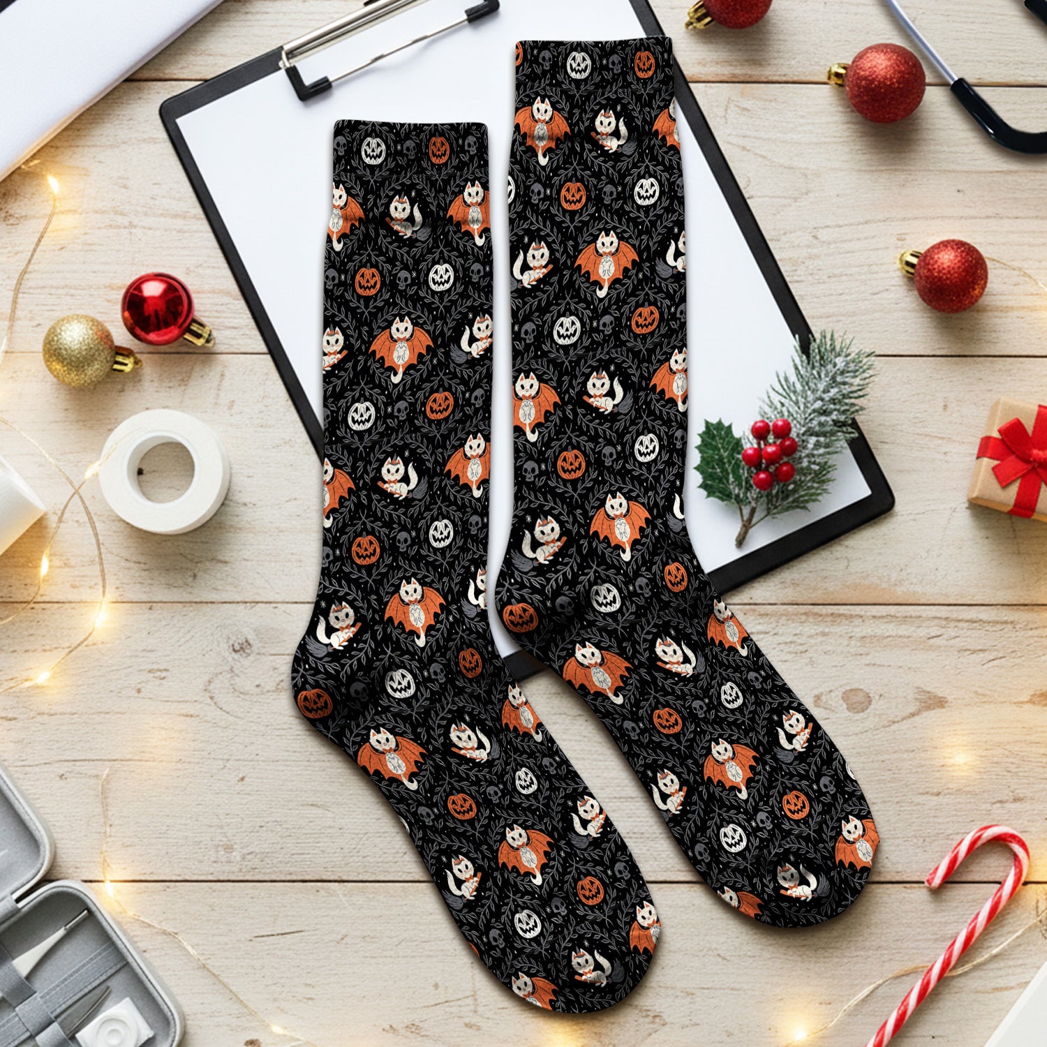 Cute Halloween Vampire Cat Pattern Socks, Adult Socks for Men and Women